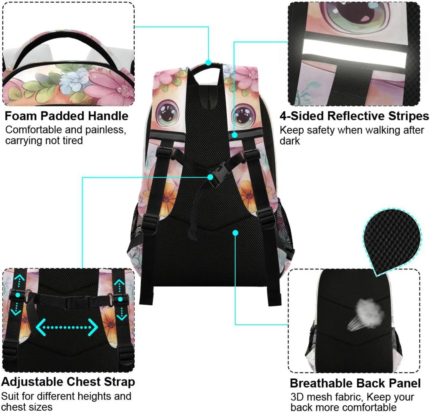 Watercolor Cute Cat Flowers Backpack for Boys Girls Elementary School Bag Kids Travel Bags Casual Rucksack Laptop Bookbag