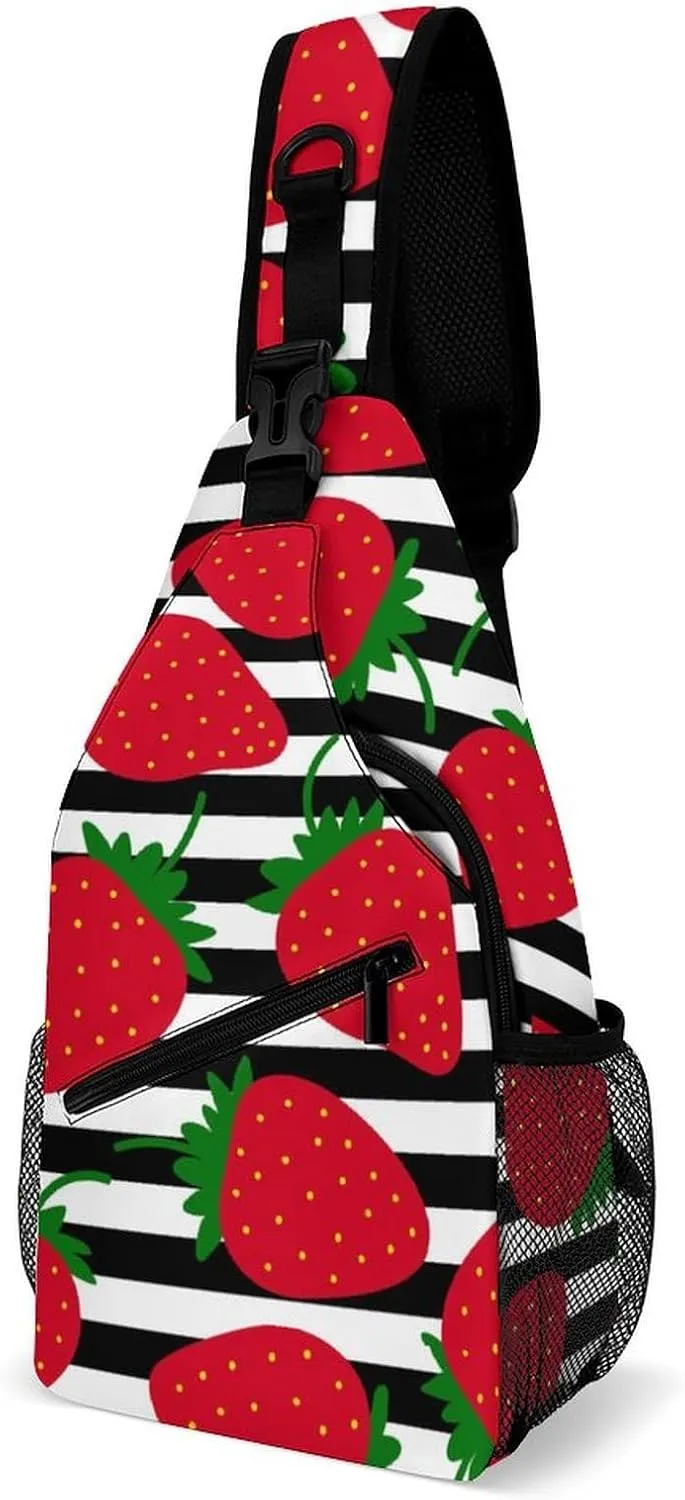 Watercolor Strawberry Leaves Sling Backpack Men Womans Crossbody Backpack Chest Bag Running Daypack Travel Bag Casual Daypacks Sports Backpacks
