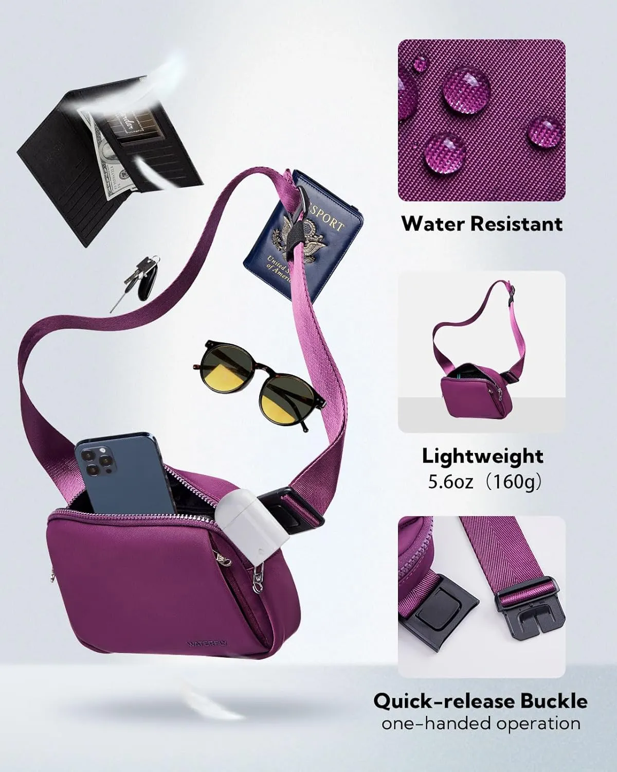 WATERFLY Crossbody Belt Fanny Pack: Sports Walking Waist Bag Runner Belt Bum Bag Hip Fannie Pack Phanny Fannypack Woman Man for Hiking Jogging Running