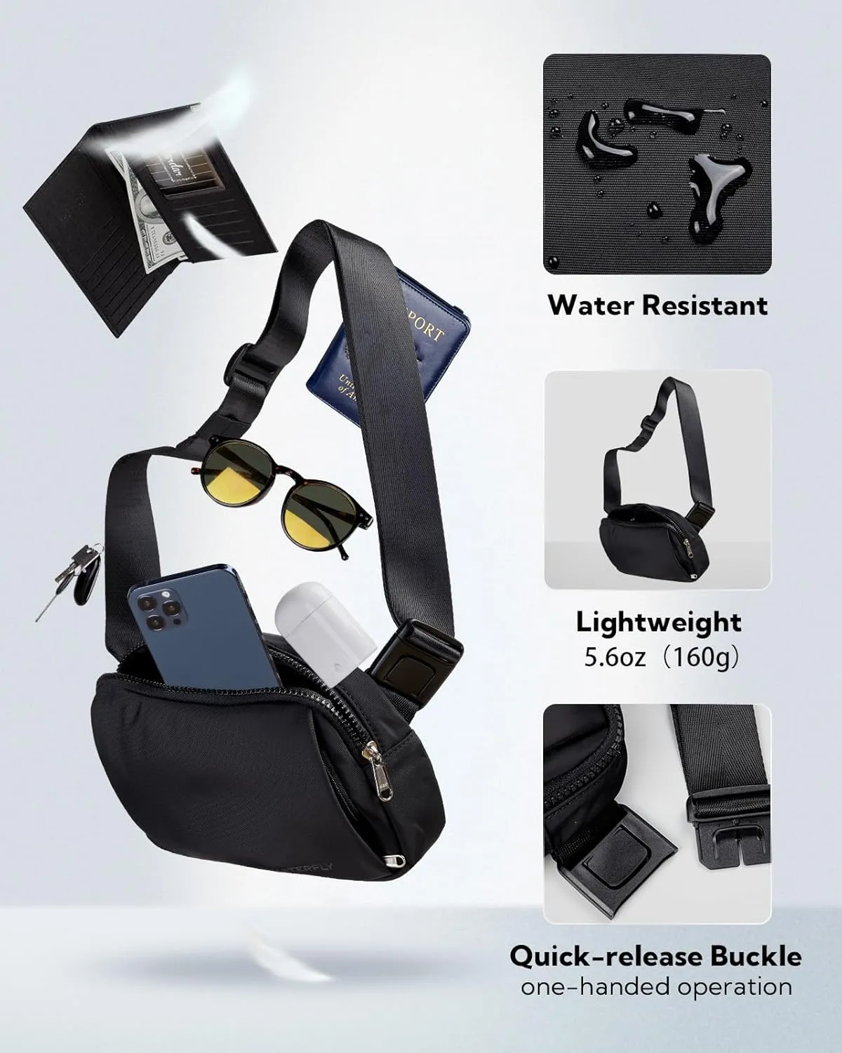 WATERFLY Crossbody Belt Fanny Pack: Sports Walking Waist Bag Runner Belt Bum Bag Hip Fannie Pack Phanny Fannypack Woman Man for Hiking Jogging Running