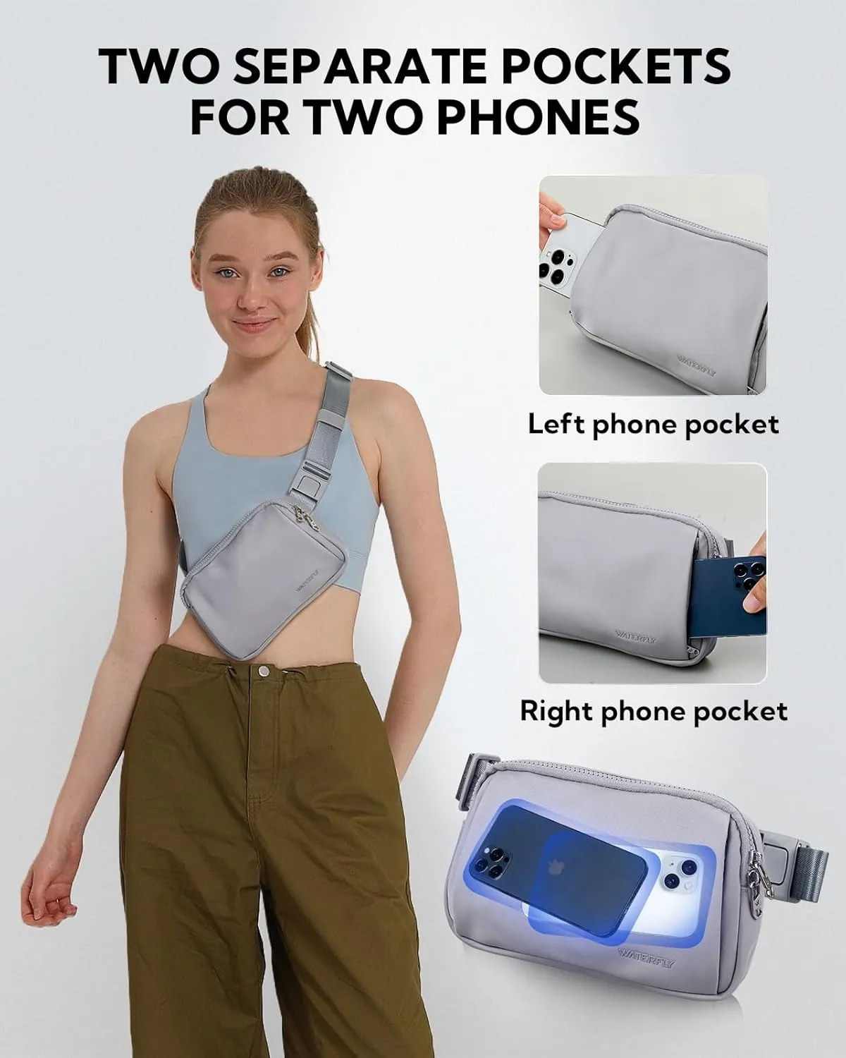 WATERFLY Crossbody Belt Fanny Pack: Sports Walking Waist Bag Runner Belt Bum Bag Hip Fannie Pack Phanny Fannypack Woman Man for Hiking Jogging Running