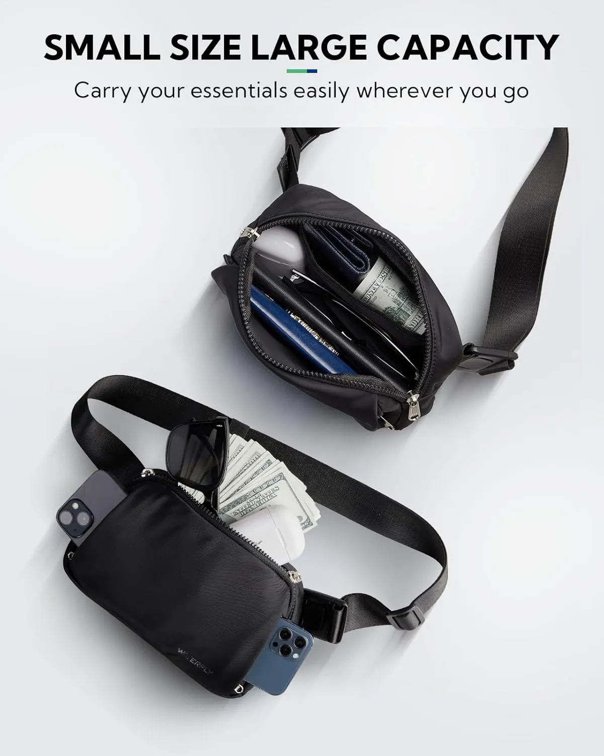 WATERFLY Crossbody Belt Fanny Pack: Sports Walking Waist Bag Runner Belt Bum Bag Hip Fannie Pack Phanny Fannypack Woman Man for Hiking Jogging Running