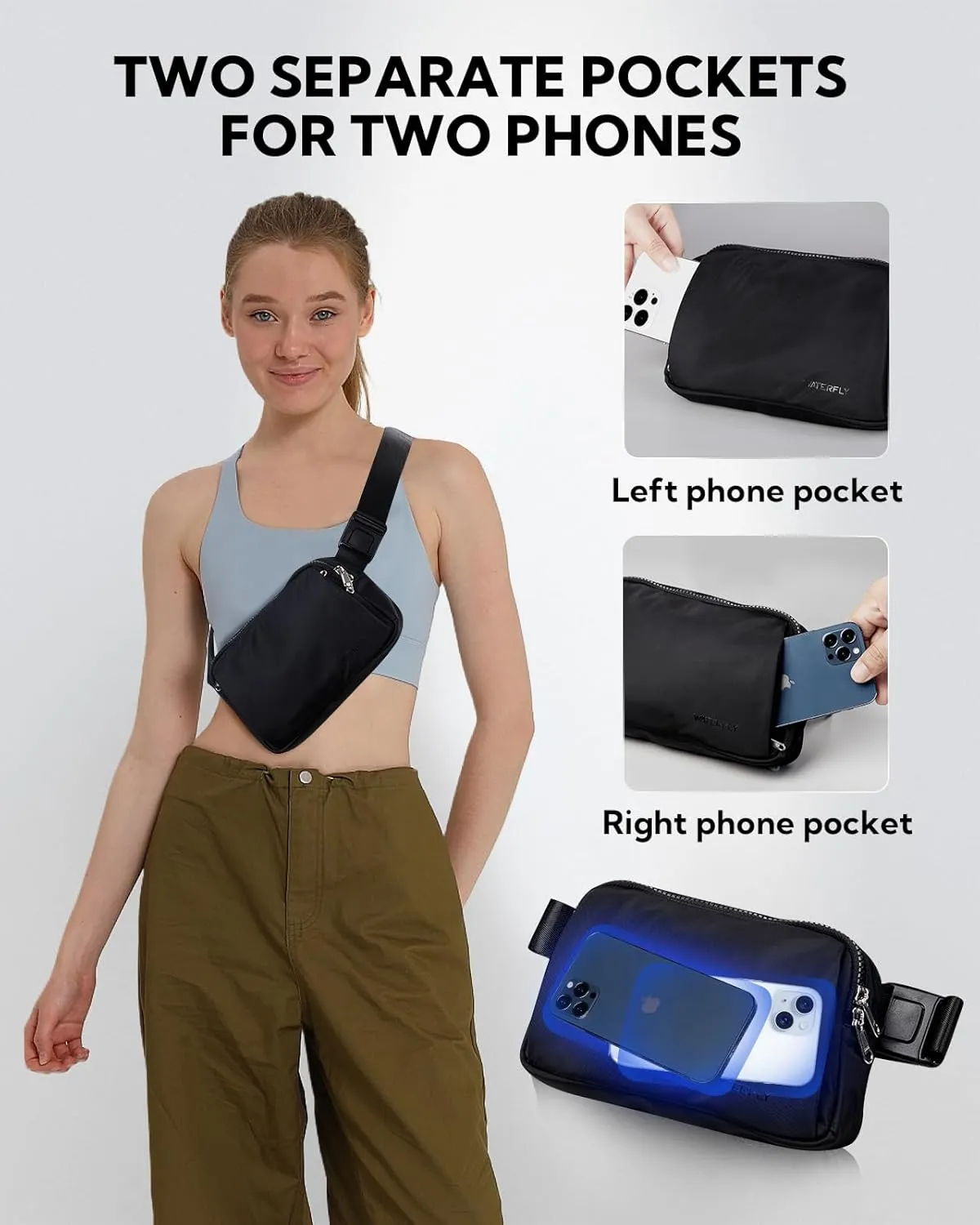 WATERFLY Crossbody Belt Fanny Pack: Sports Walking Waist Bag Runner Belt Bum Bag Hip Fannie Pack Phanny Fannypack Woman Man for Hiking Jogging Running