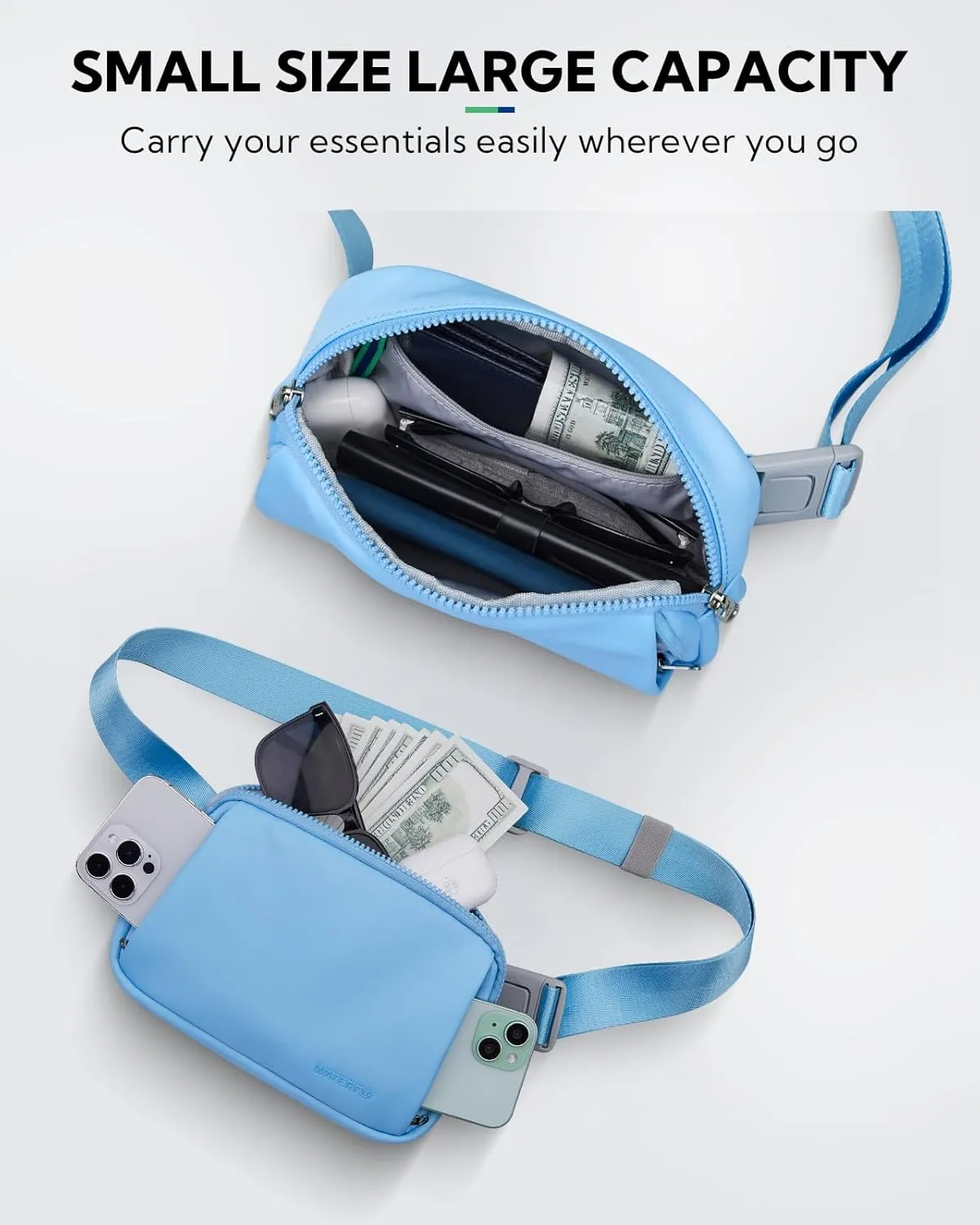 WATERFLY Crossbody Belt Fanny Pack: Sports Walking Waist Bag Runner Belt Bum Bag Hip Fannie Pack Phanny Fannypack Woman Man for Hiking Jogging Running