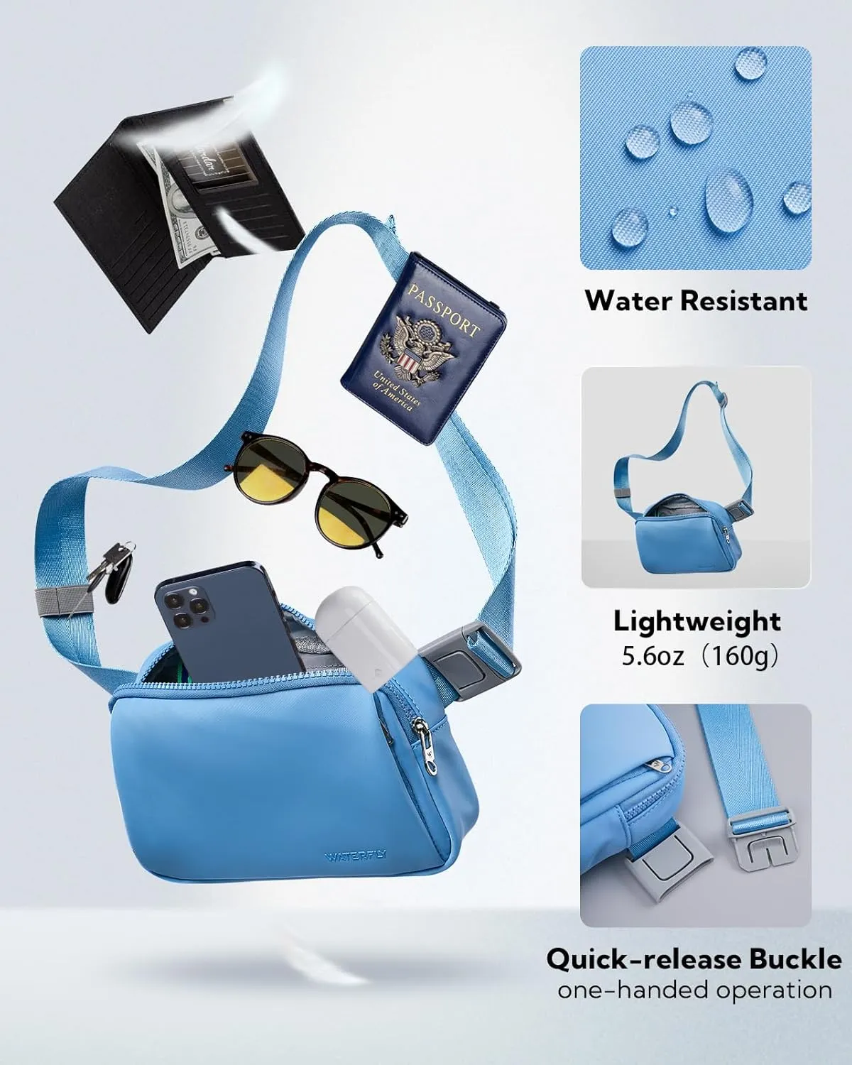 WATERFLY Crossbody Belt Fanny Pack: Sports Walking Waist Bag Runner Belt Bum Bag Hip Fannie Pack Phanny Fannypack Woman Man for Hiking Jogging Running