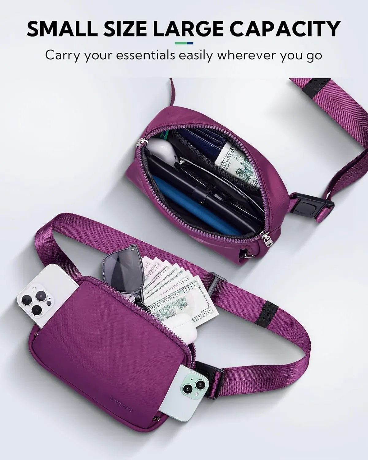 WATERFLY Crossbody Belt Fanny Pack: Sports Walking Waist Bag Runner Belt Bum Bag Hip Fannie Pack Phanny Fannypack Woman Man for Hiking Jogging Running
