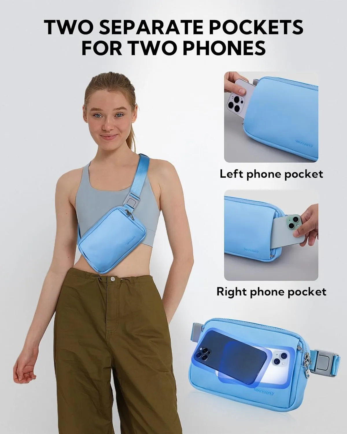 WATERFLY Crossbody Belt Fanny Pack: Sports Walking Waist Bag Runner Belt Bum Bag Hip Fannie Pack Phanny Fannypack Woman Man for Hiking Jogging Running