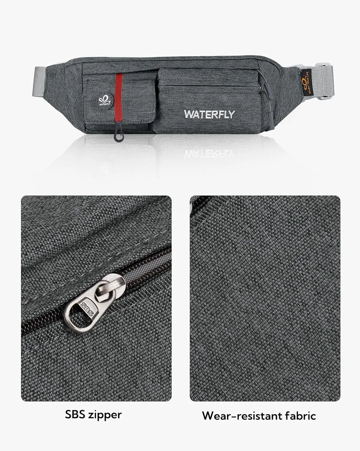 WATERFLY Fanny Pack for Women Men Water Resistant Small Waist Pouch Slim Belt Bag with 4 Pockets for Running Travelling Hiking Walking Lightweight Crossbody Chest Bag Fit All Phones…