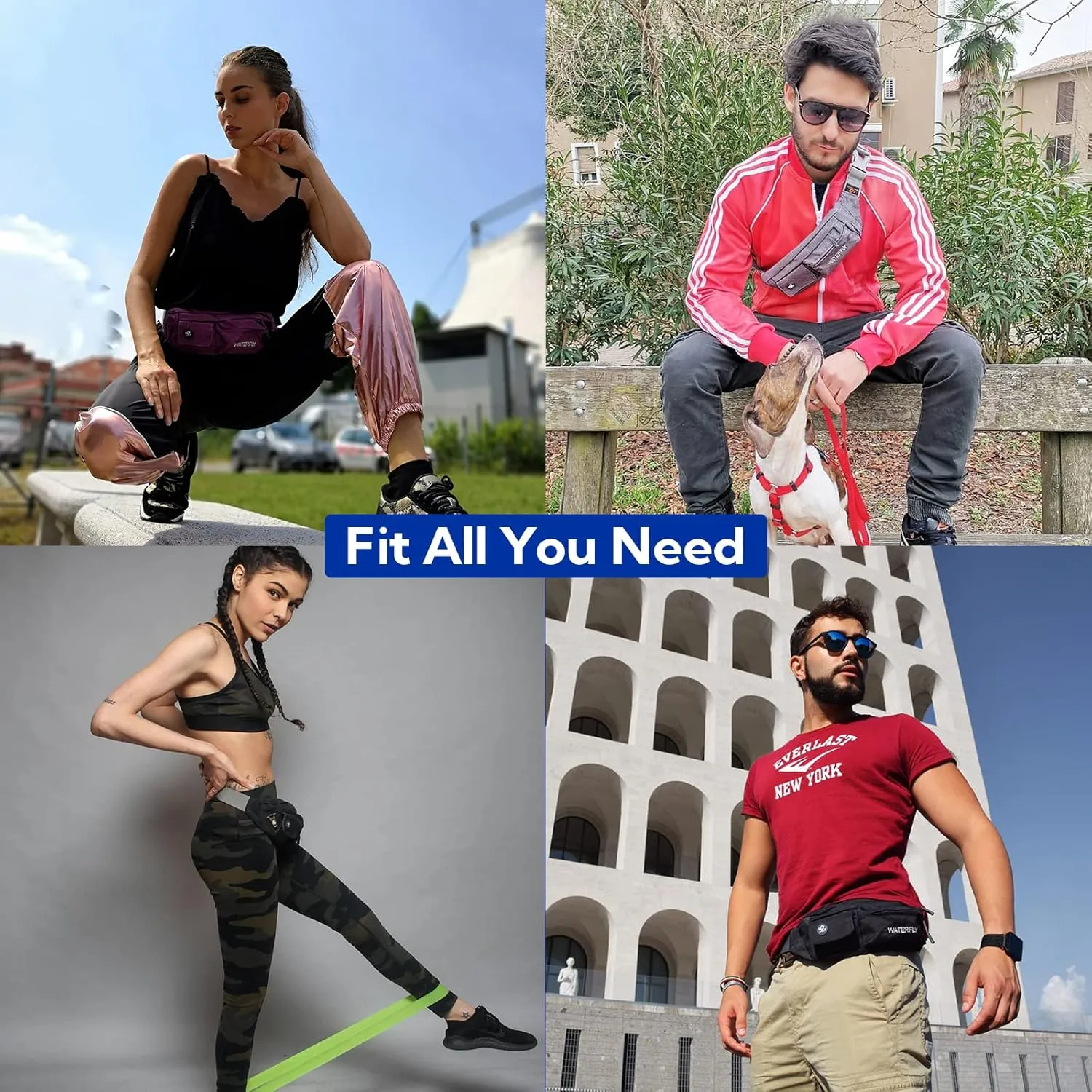 WATERFLY Fanny Pack for Women Men Water Resistant Small Waist Pouch Slim Belt Bag with 4 Pockets for Running Travelling Hiking Walking Lightweight Crossbody Chest Bag Fit All Phones…