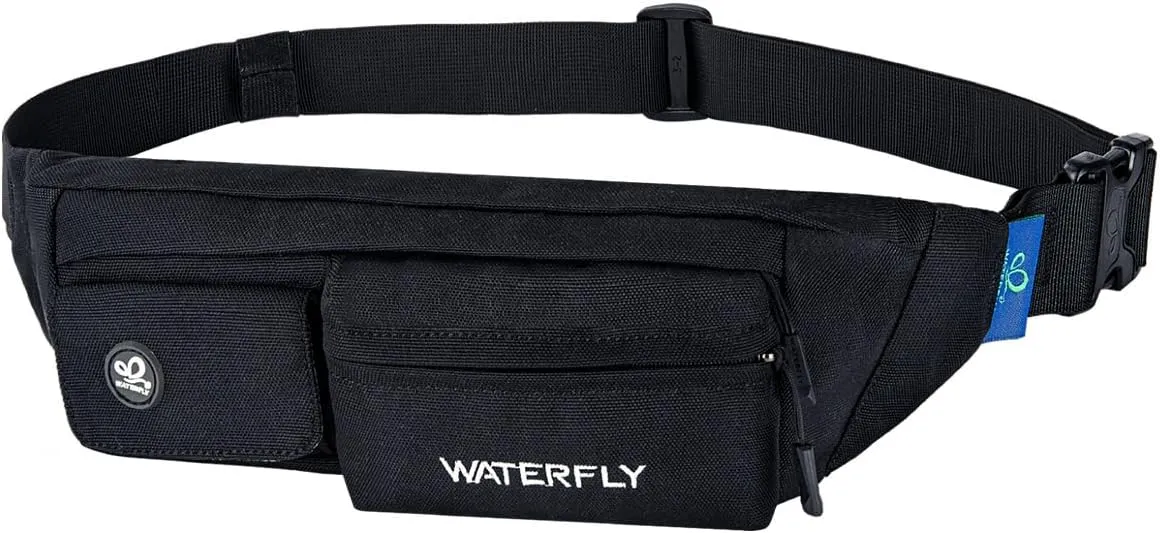 WATERFLY Fanny Pack for Women Men Water Resistant Small Waist Pouch Slim Belt Bag with 4 Pockets for Running Travelling Hiking Walking Lightweight Crossbody Chest Bag Fit All Phones…