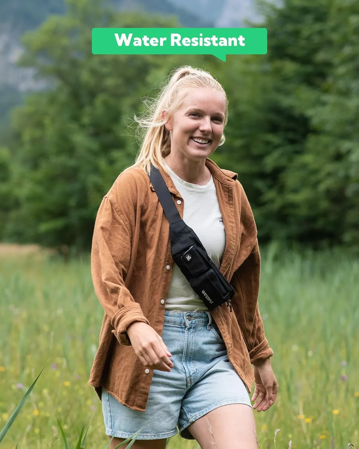 WATERFLY Fanny Pack for Women Men Water Resistant Small Waist Pouch Slim Belt Bag with 4 Pockets for Running Travelling Hiking Walking Lightweight Crossbody Chest Bag Fit All Phones…