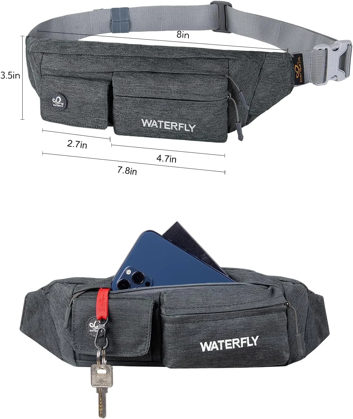 WATERFLY Fanny Pack for Women Men Water Resistant Small Waist Pouch Slim Belt Bag with 4 Pockets for Running Travelling Hiking Walking Lightweight Crossbody Chest Bag Fit All Phones…