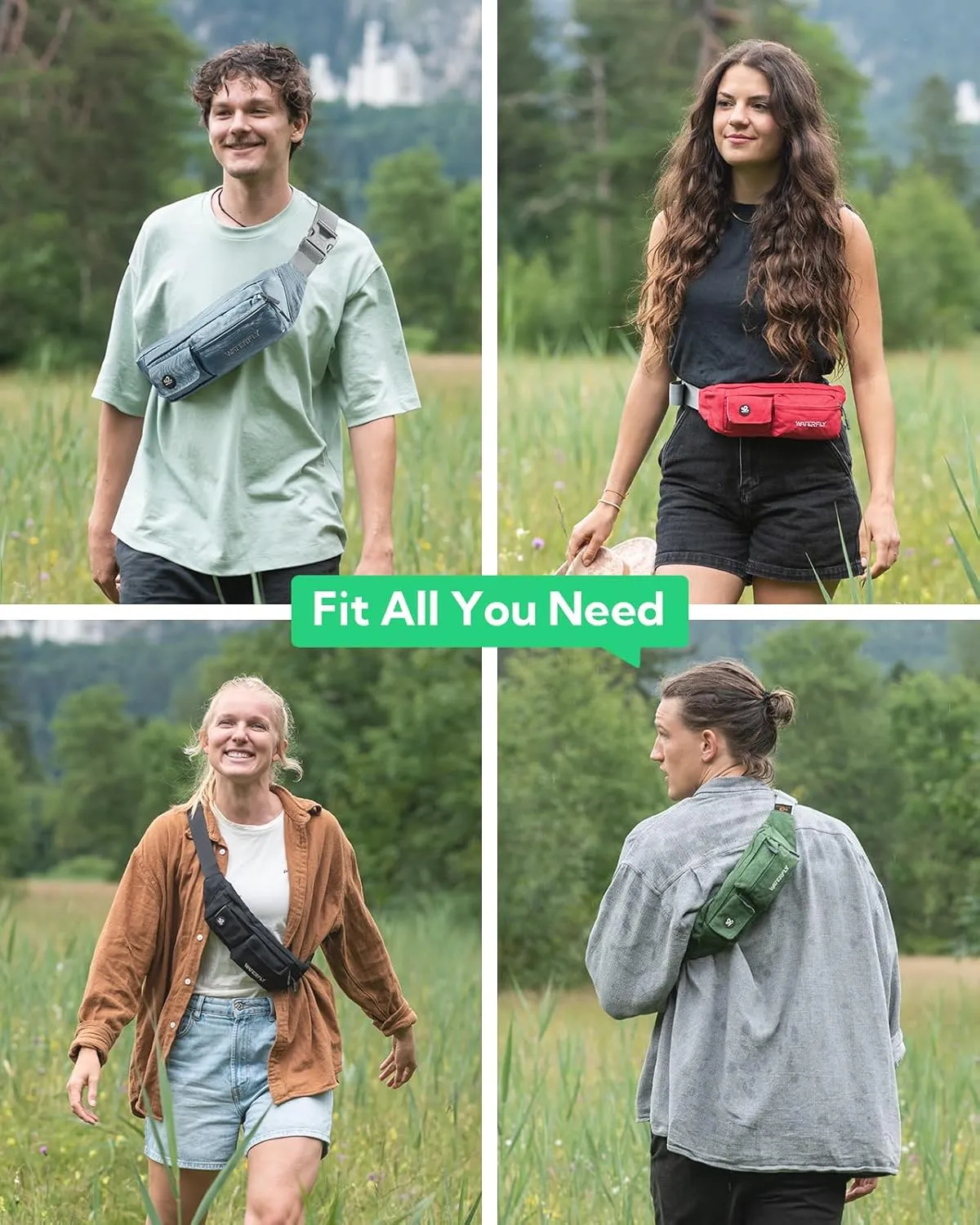 WATERFLY Fanny Pack for Women Men Water Resistant Small Waist Pouch Slim Belt Bag with 4 Pockets for Running Travelling Hiking Walking Lightweight Crossbody Chest Bag Fit All Phones…