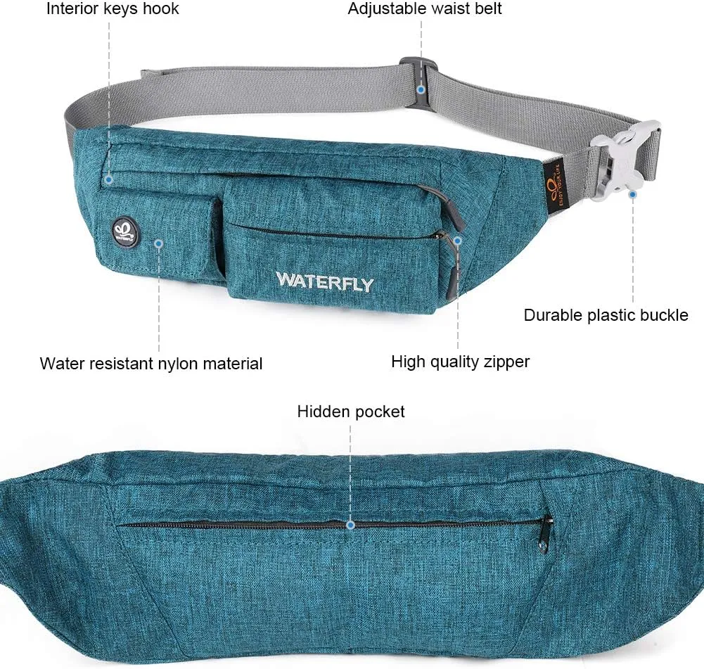 WATERFLY Fanny Pack for Women Men Water Resistant Small Waist Pouch Slim Belt Bag with 4 Pockets for Running Travelling Hiking Walking Lightweight Crossbody Chest Bag Fit All Phones…