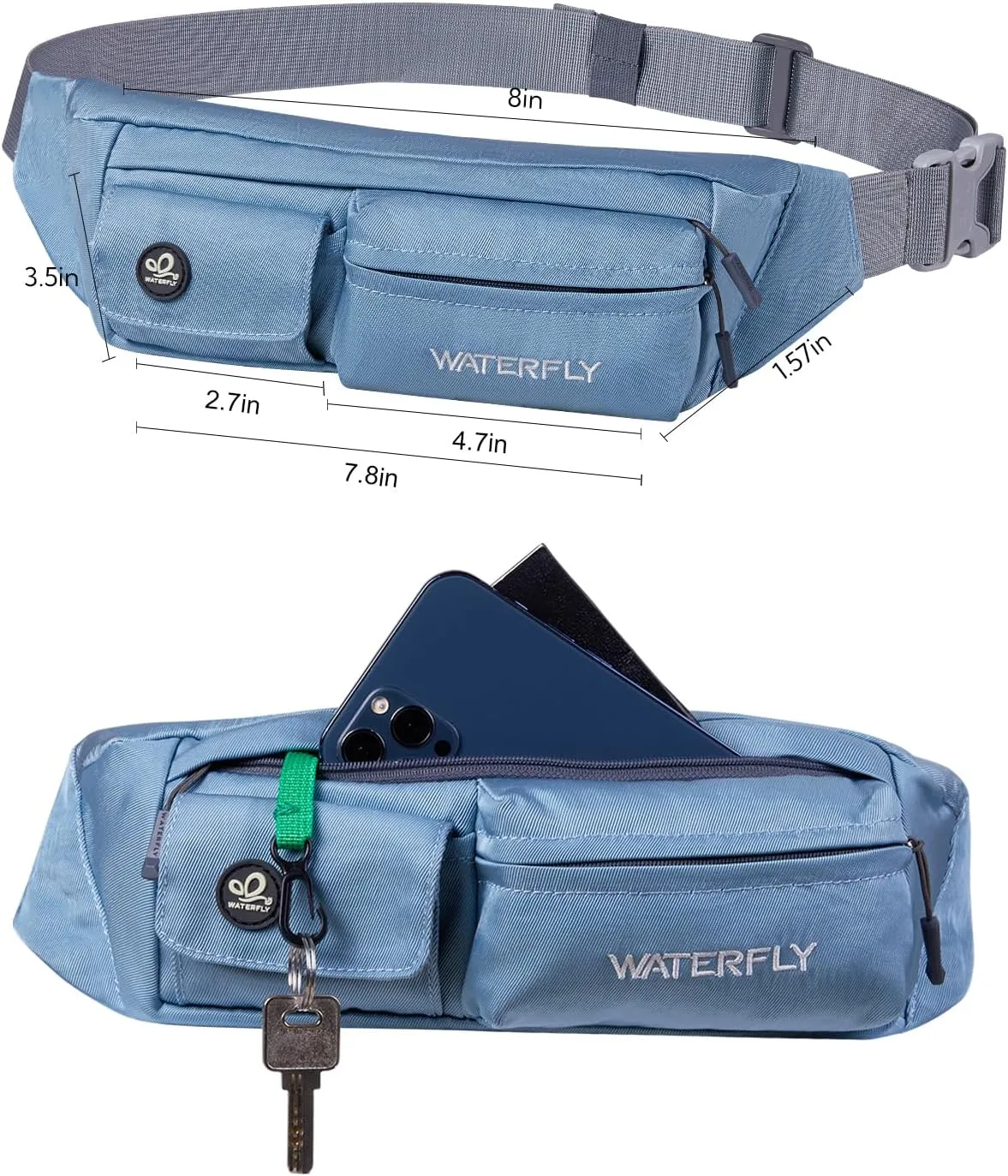 WATERFLY Fanny Pack for Women Men Water Resistant Small Waist Pouch Slim Belt Bag with 4 Pockets for Running Travelling Hiking Walking Lightweight Crossbody Chest Bag Fit All Phones…