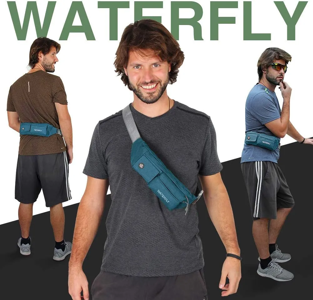 WATERFLY Fanny Pack for Women Men Water Resistant Small Waist Pouch Slim Belt Bag with 4 Pockets for Running Travelling Hiking Walking Lightweight Crossbody Chest Bag Fit All Phones…
