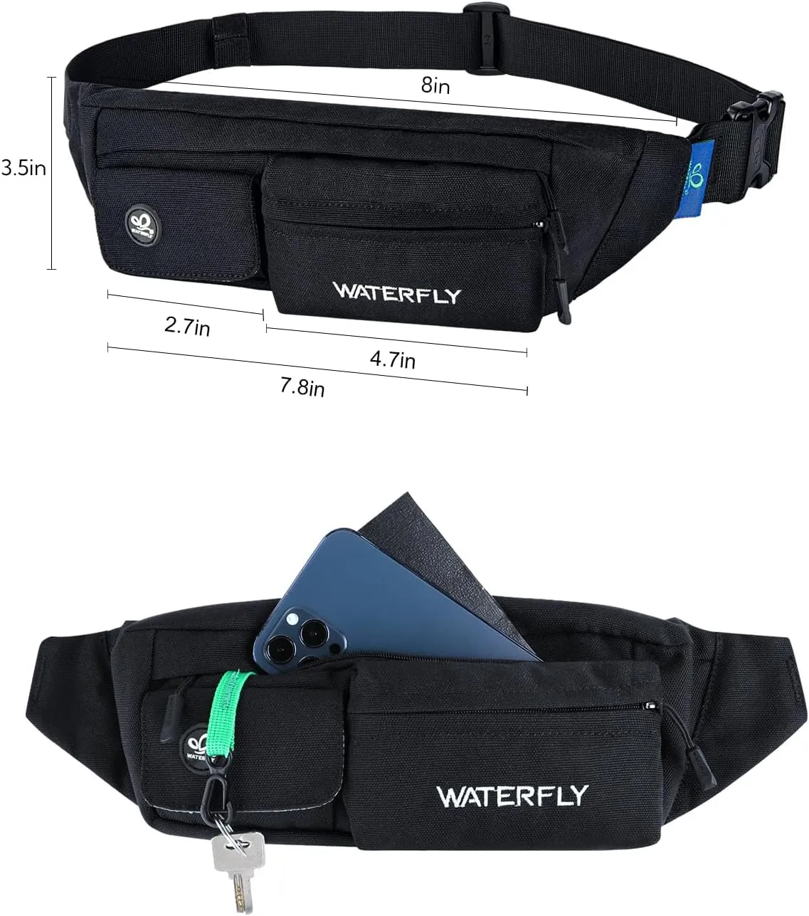 WATERFLY Fanny Pack for Women Men Water Resistant Small Waist Pouch Slim Belt Bag with 4 Pockets for Running Travelling Hiking Walking Lightweight Crossbody Chest Bag Fit All Phones…