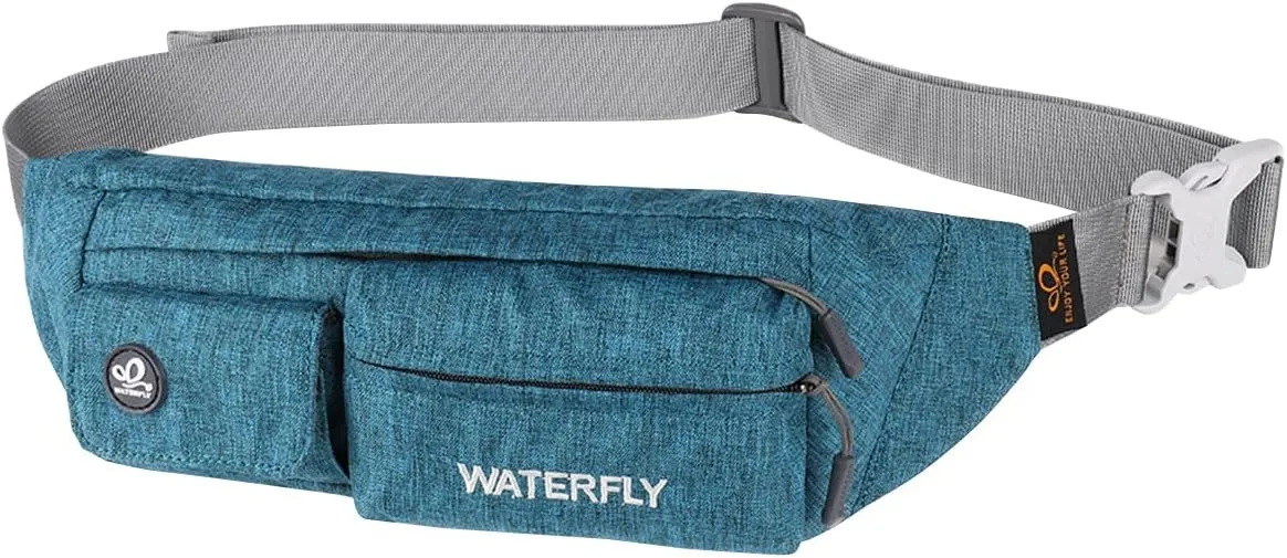WATERFLY Fanny Pack for Women Men Water Resistant Small Waist Pouch Slim Belt Bag with 4 Pockets for Running Travelling Hiking Walking Lightweight Crossbody Chest Bag Fit All Phones…
