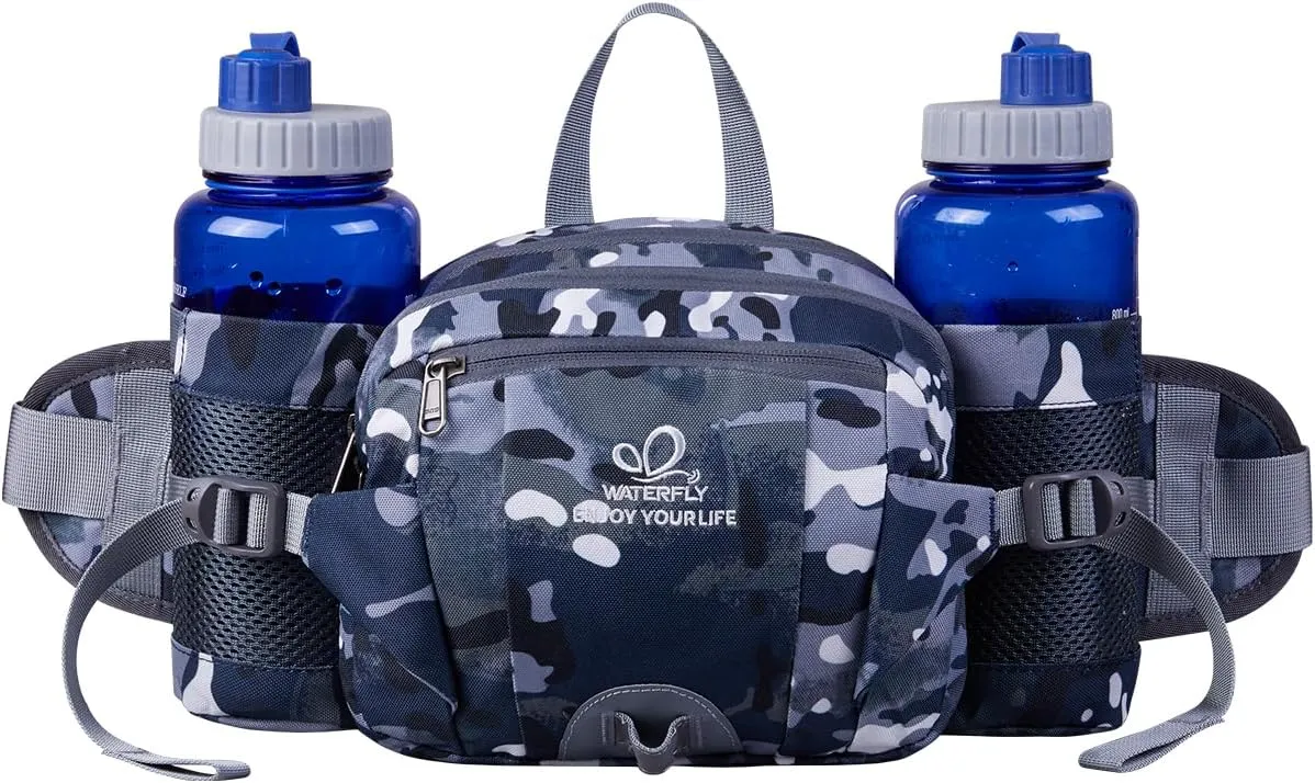 WATERFLY Fanny Pack Waist Bag: Fannie Pack 2 Water Bottle Holders Lumbar Belt Hiking Walking Running Jogging Camping Large Woman Man (Bottle Not Included）