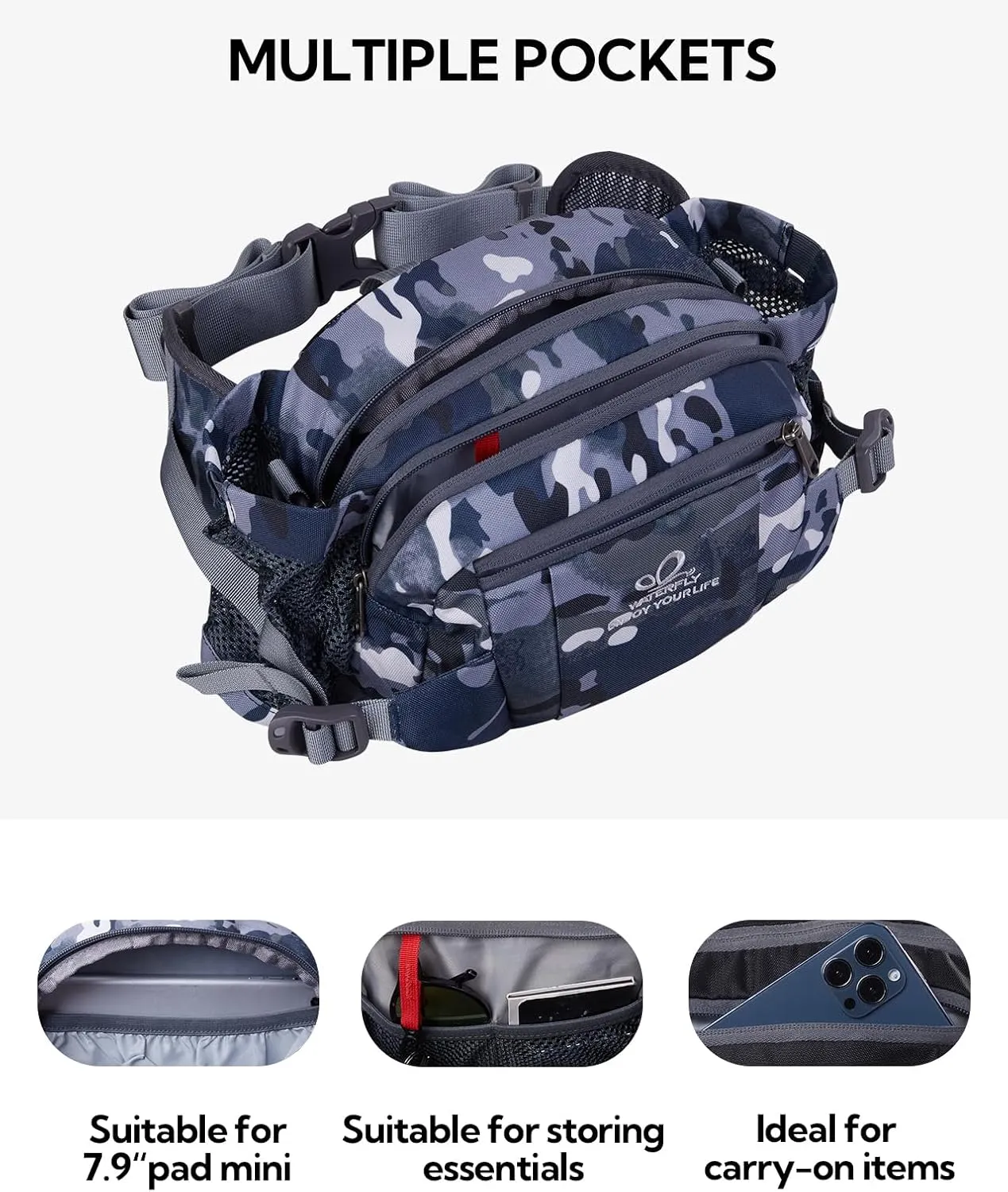 WATERFLY Fanny Pack Waist Bag: Fannie Pack 2 Water Bottle Holders Lumbar Belt Hiking Walking Running Jogging Camping Large Woman Man (Bottle Not Included）
