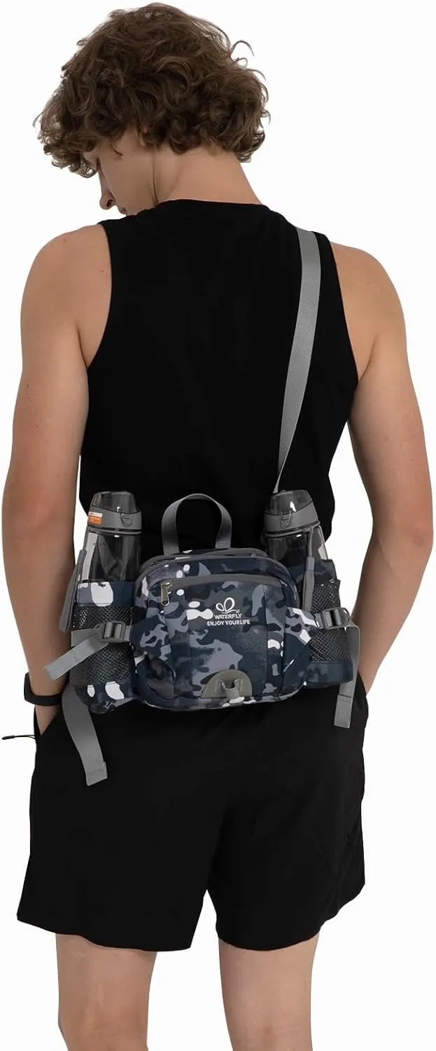 WATERFLY Fanny Pack Waist Bag: Fannie Pack 2 Water Bottle Holders Lumbar Belt Hiking Walking Running Jogging Camping Large Woman Man (Bottle Not Included）