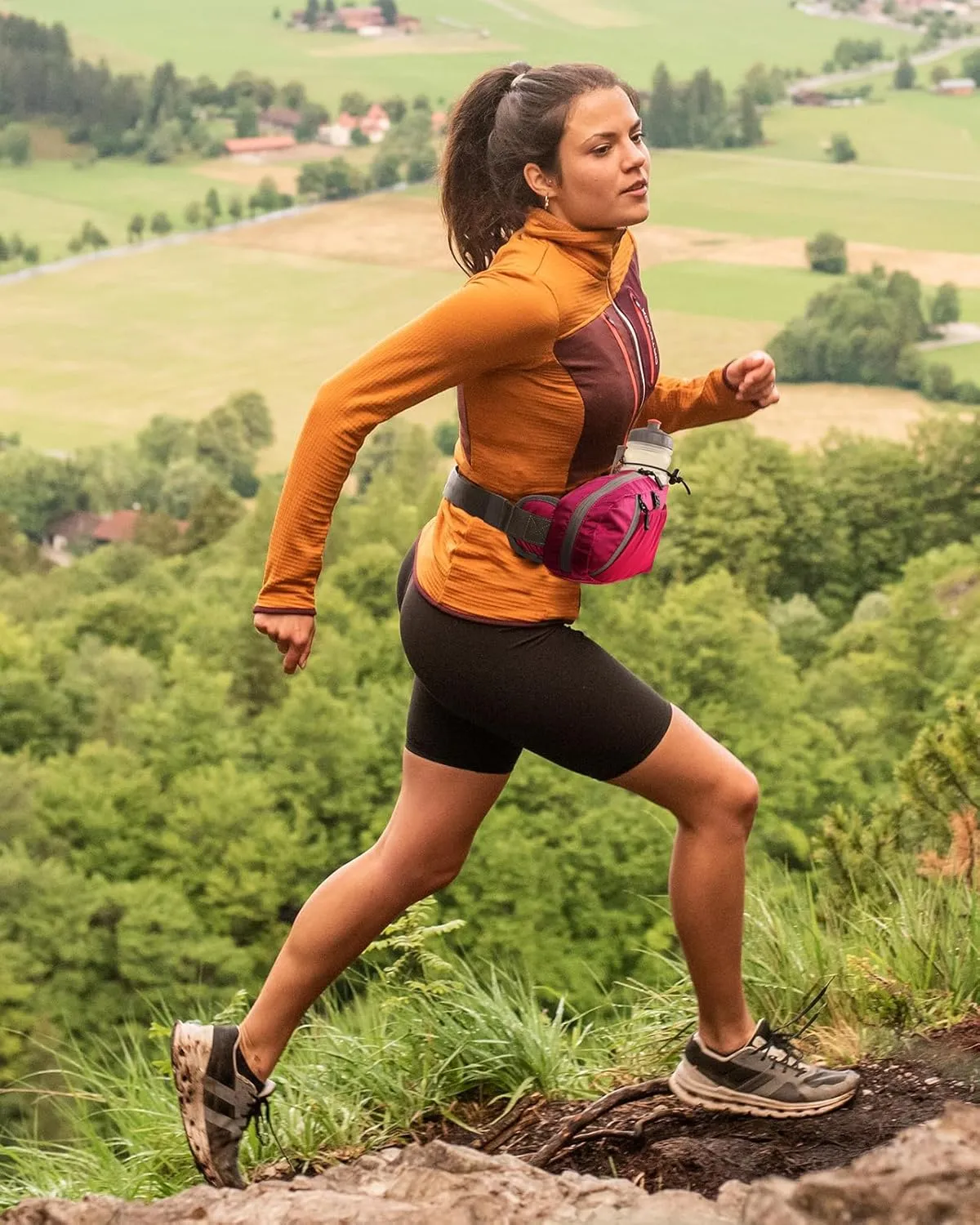 WATERFLY Fanny Pack Waist Bag: Hiking Water Bottle Holder with Strap Waist Pack for Women Men Hydration Hip Packs for Running Walking Traveling-Rose Red