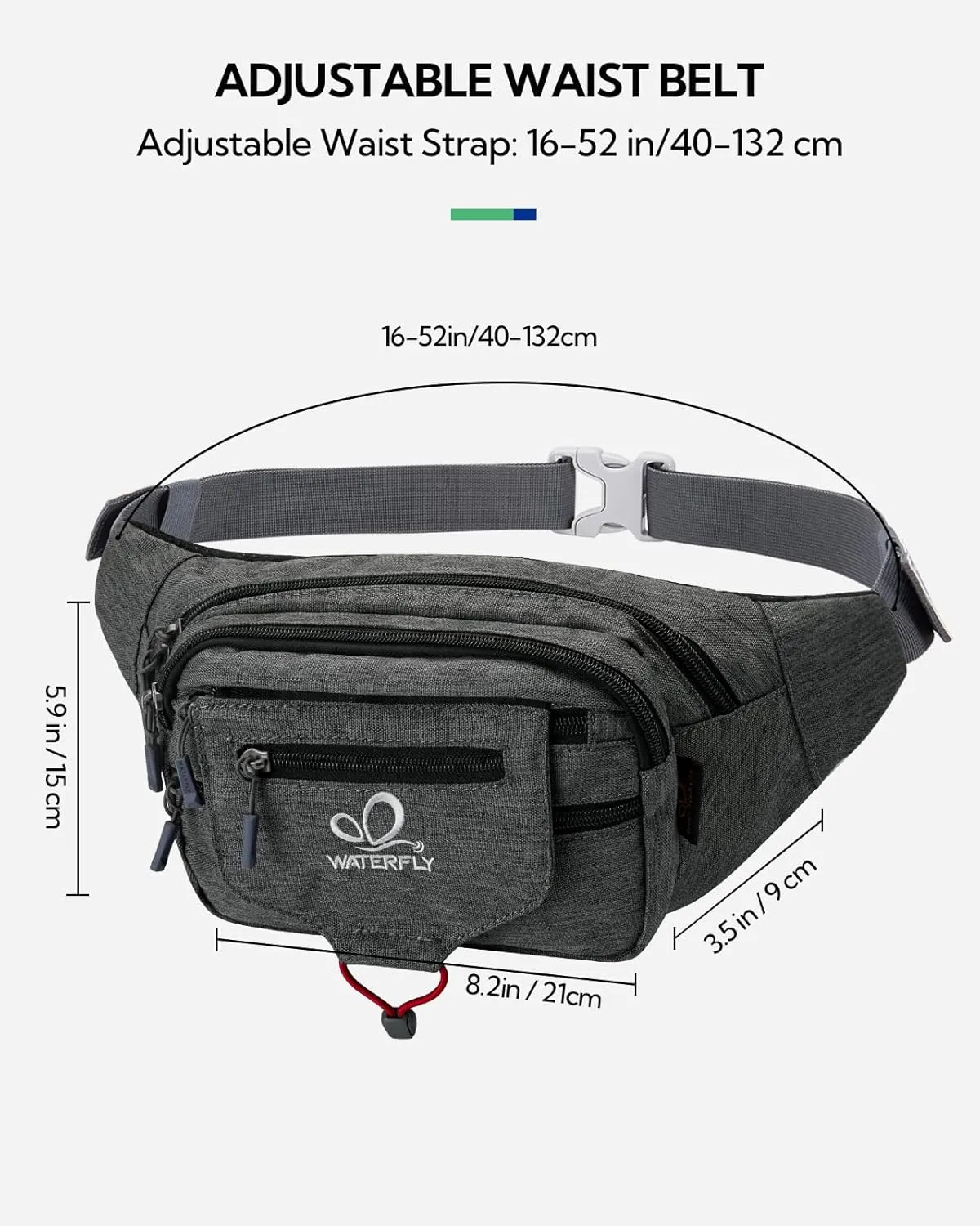 WATERFLY Large Fanny Pack Waist Bag: Multipocket Woman Man Waist Pack Runner Hip Pouch Purse Belt Bag Water Resistant Bum Bag Fit All Phones for Walking Jogging Running Cycling Travelling Hiking