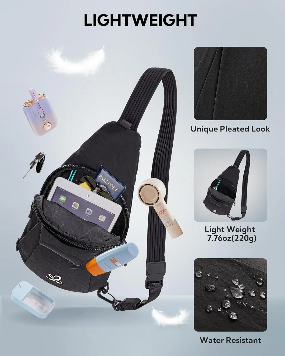 WATERFLY Small Crossbody Sling Bag: Lightweight Women Men Sling Backpack Stylish Casual Cross Body Bag Adjustable Straps Chest Bag Daypack for Shopping Hiking Travelling Black