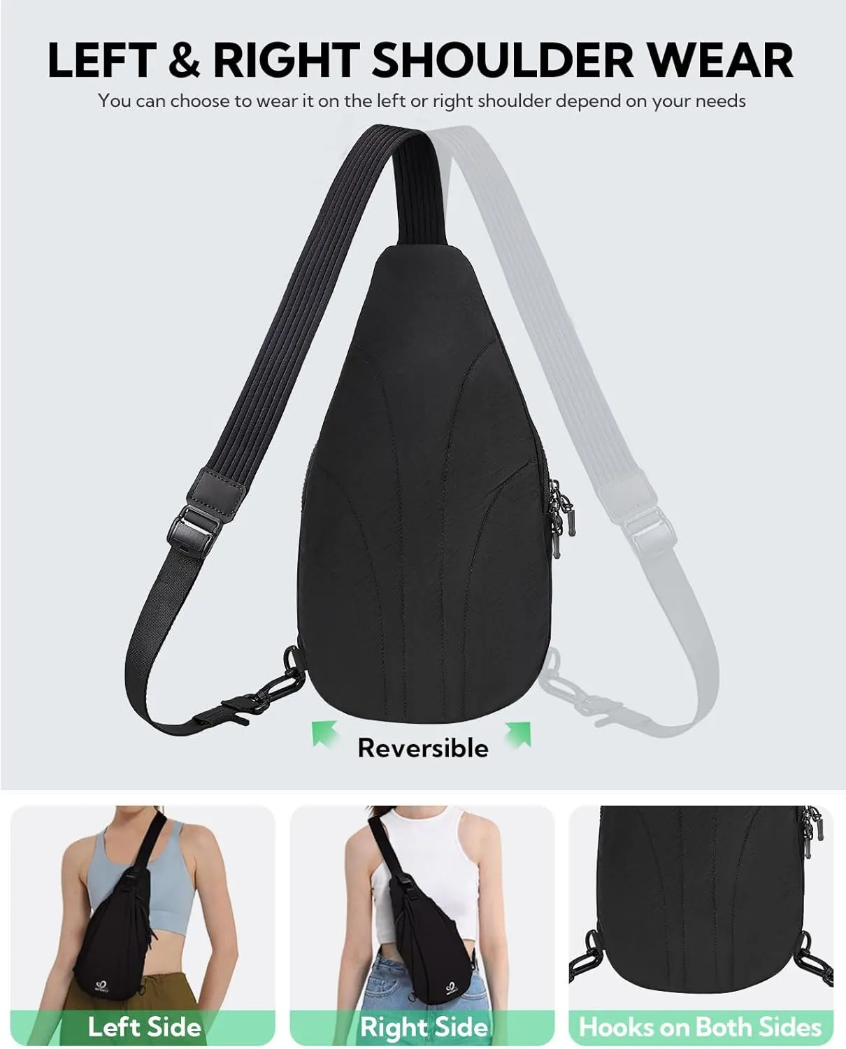 WATERFLY Small Crossbody Sling Bag: Lightweight Women Men Sling Backpack Stylish Casual Cross Body Bag Adjustable Straps Chest Bag Daypack for Shopping Hiking Travelling Black