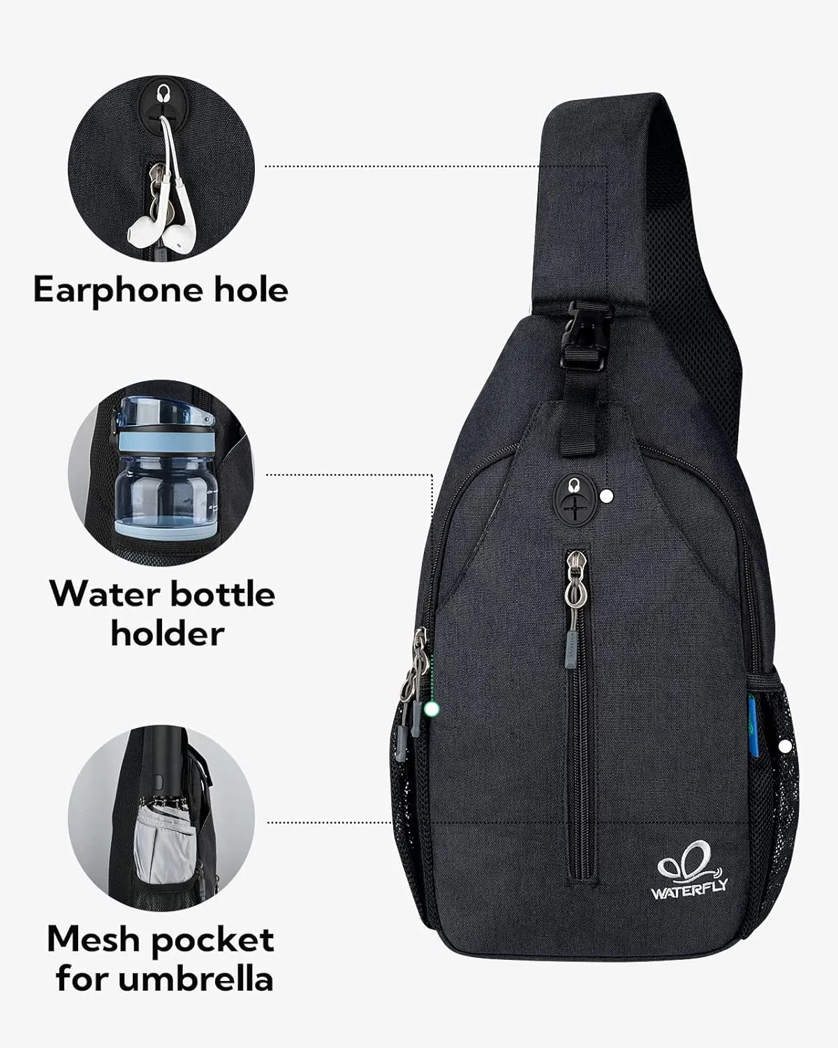 WATERFLY Small Hiking Sling Backpack: Crossbody Sling Bag Chest Bag Daypack for Men Women with Skin-Friendly Shoulder Strap
