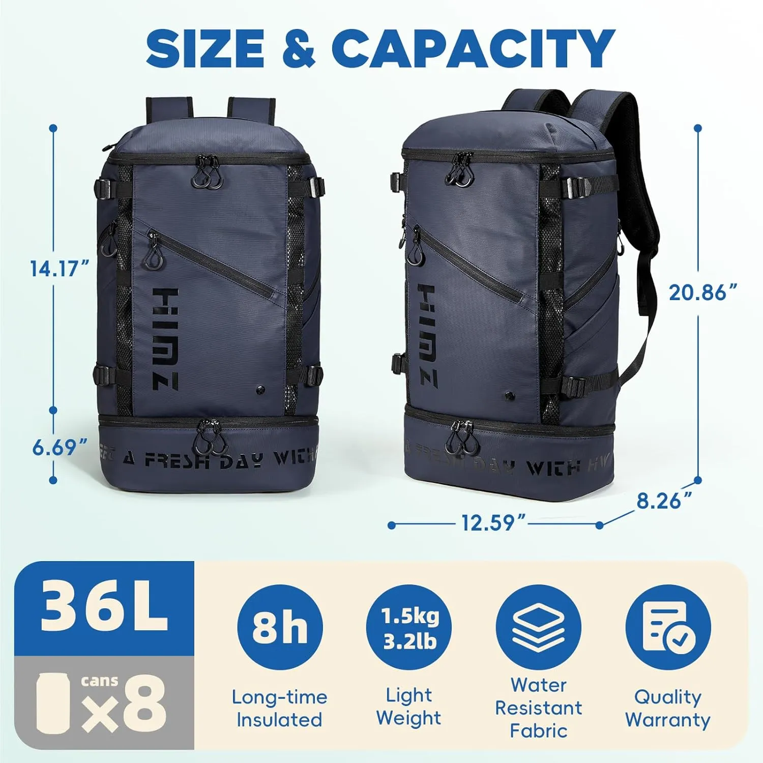 Waterproof Camping Backpack with Lunch Compartment, Mens Backpack Insulated for Work, 17 inch Laptop Bag, Carry On Backpacks for Airplane Beach Travel, Blue