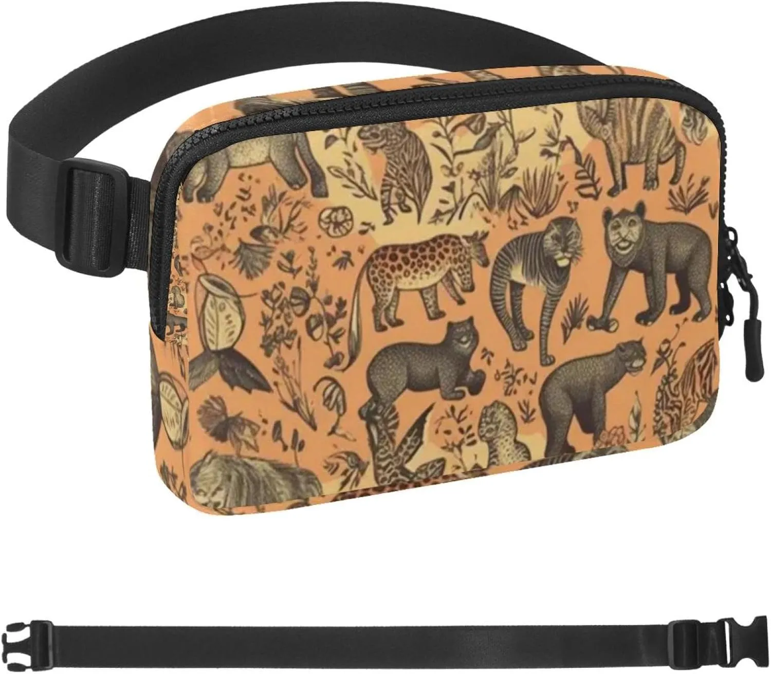 Waterproof Fanny Pack Black Belt Bag with Adjustable Strap for Women and Men,Animal World Print Pattern Crossbody Fanny Bag with Zipper for Hiking Running Travel