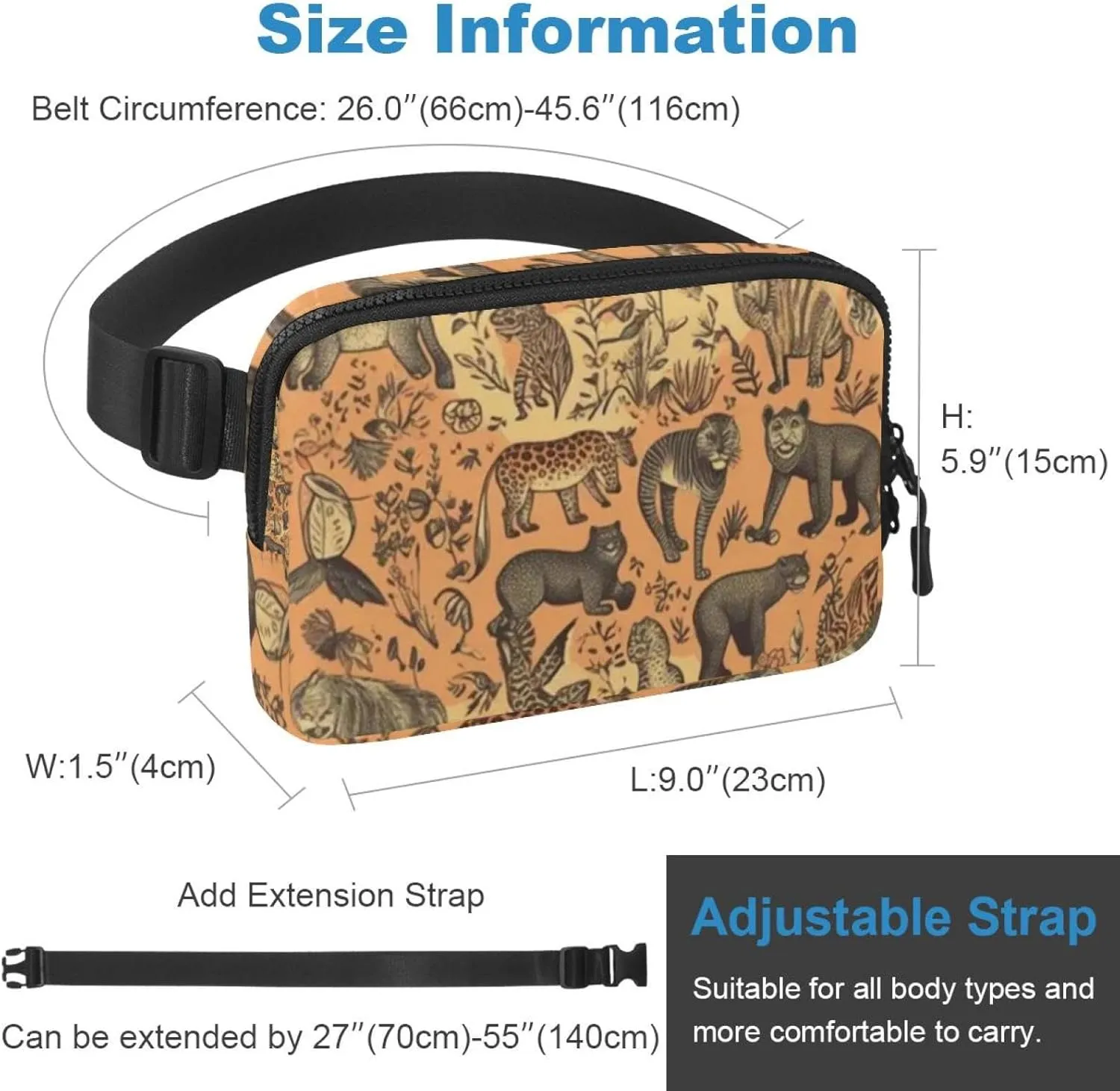 Waterproof Fanny Pack Black Belt Bag with Adjustable Strap for Women and Men,Animal World Print Pattern Crossbody Fanny Bag with Zipper for Hiking Running Travel