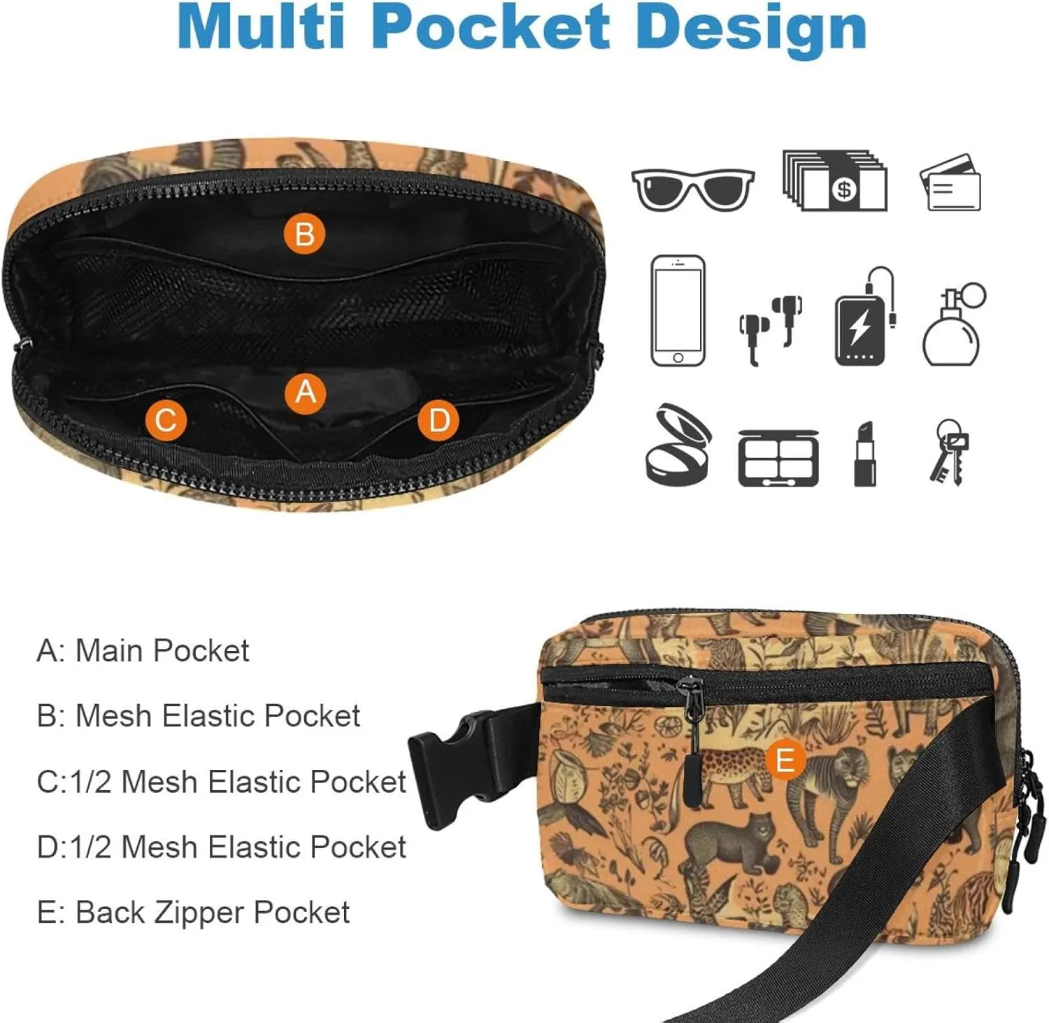 Waterproof Fanny Pack Black Belt Bag with Adjustable Strap for Women and Men,Animal World Print Pattern Crossbody Fanny Bag with Zipper for Hiking Running Travel
