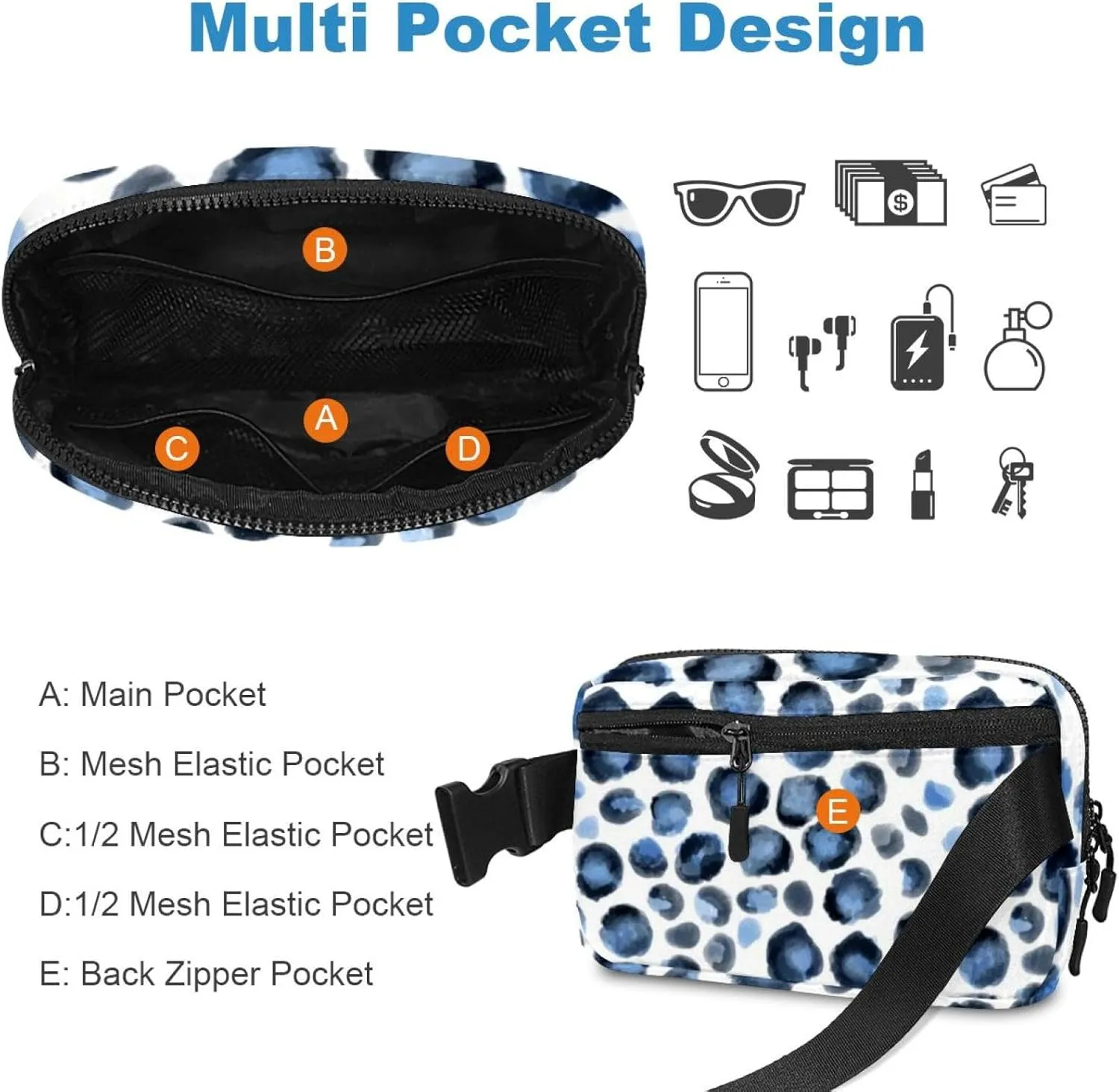 Waterproof Fanny Pack Black Belt Bag with Adjustable Strap for Women and Men,Blue Leopard Print Crossbody Fanny Bag with Zipper for Hiking Running Travel