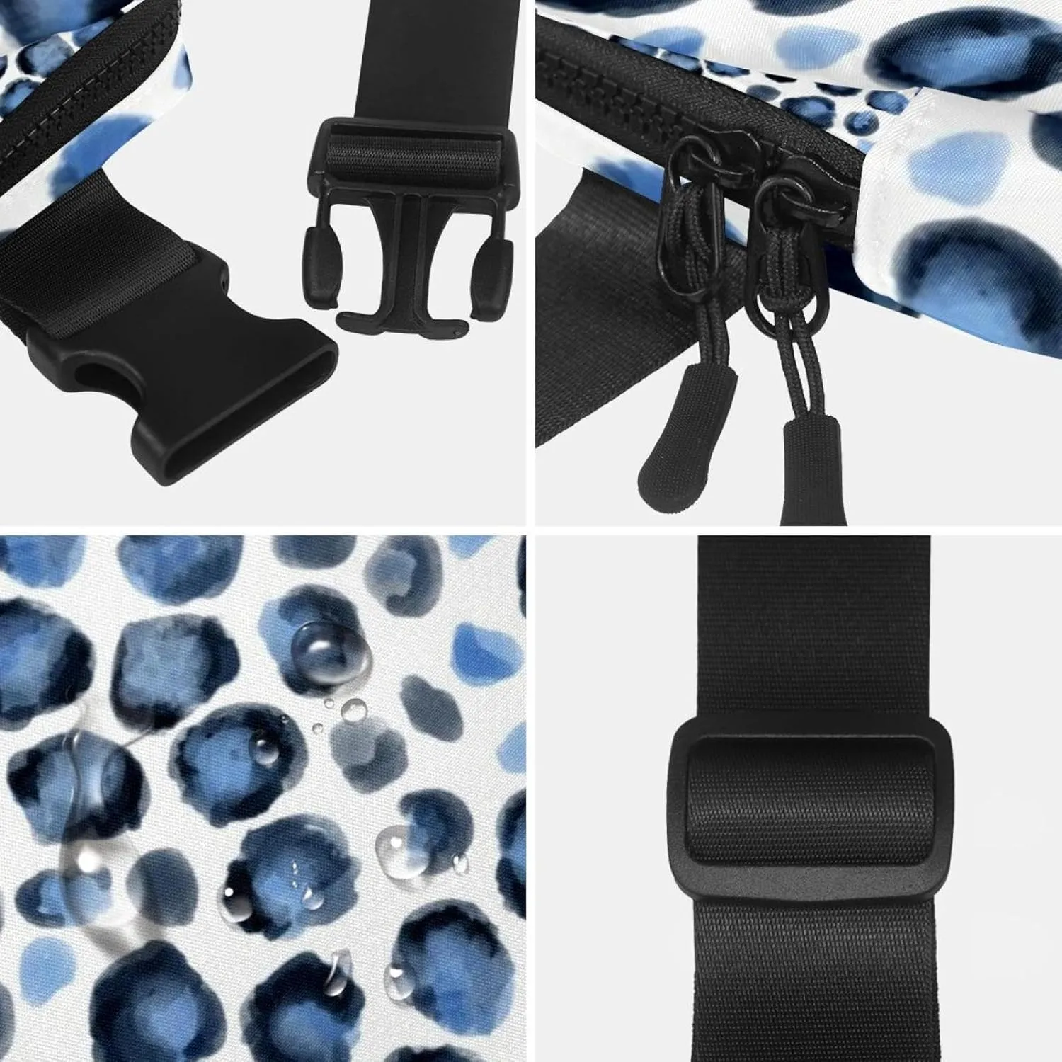 Waterproof Fanny Pack Black Belt Bag with Adjustable Strap for Women and Men,Blue Leopard Print Crossbody Fanny Bag with Zipper for Hiking Running Travel