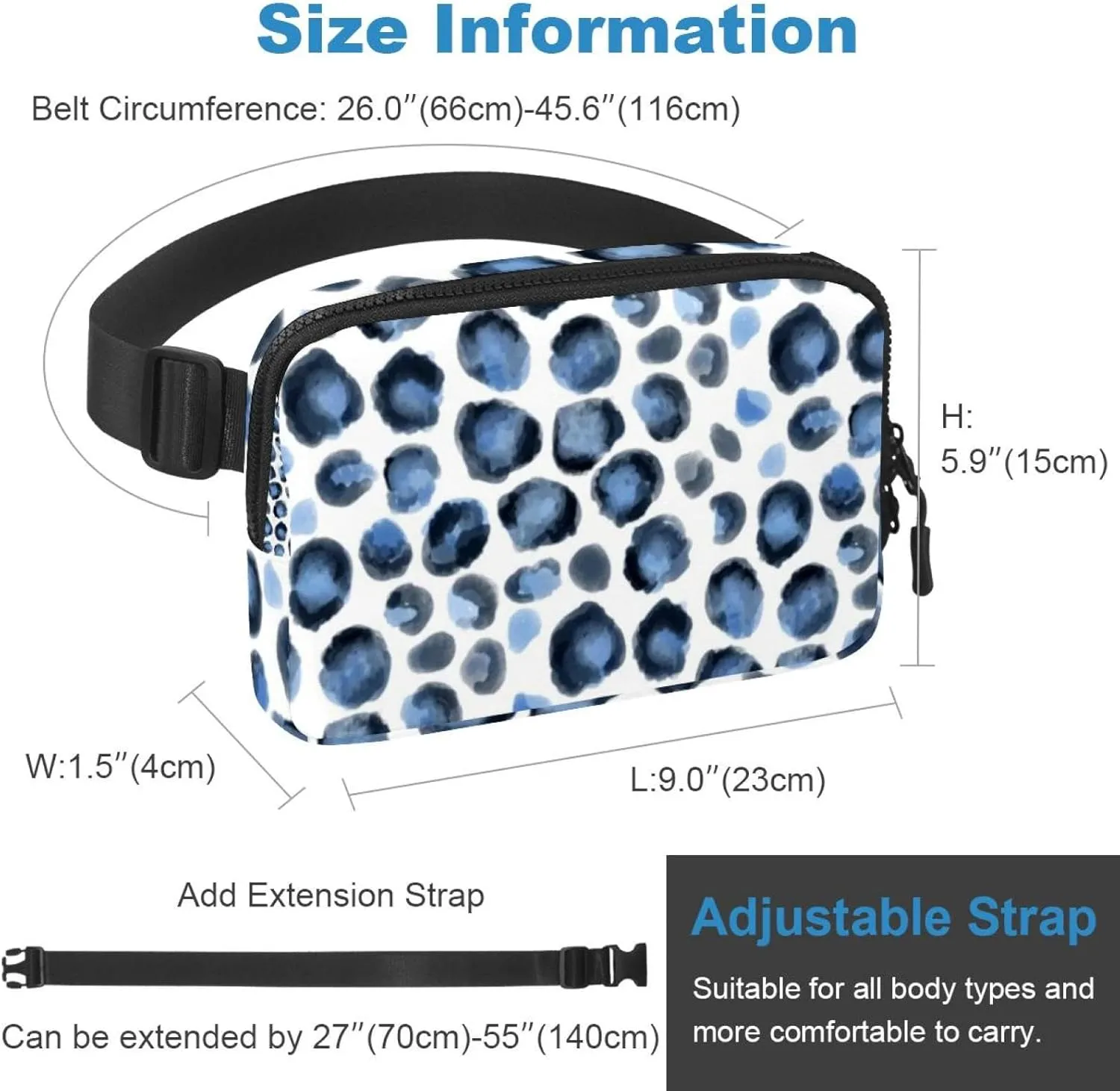 Waterproof Fanny Pack Black Belt Bag with Adjustable Strap for Women and Men,Blue Leopard Print Crossbody Fanny Bag with Zipper for Hiking Running Travel