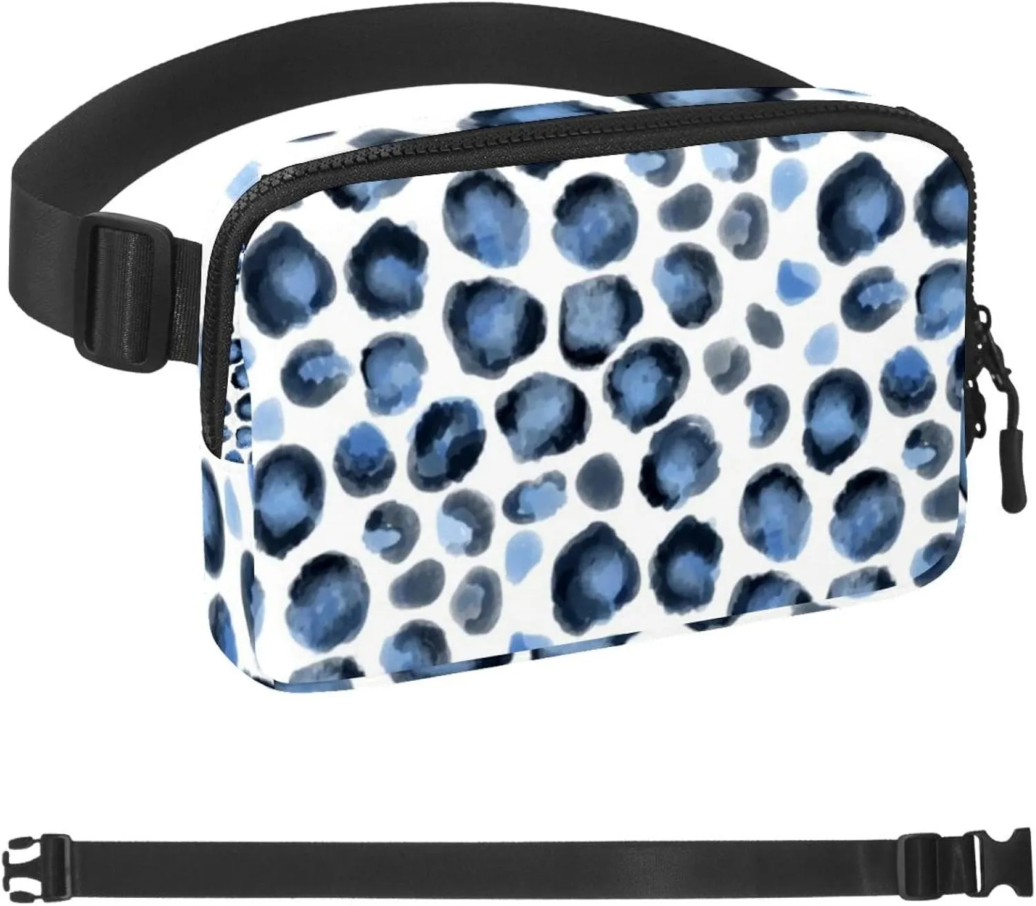 Waterproof Fanny Pack Black Belt Bag with Adjustable Strap for Women and Men,Blue Leopard Print Crossbody Fanny Bag with Zipper for Hiking Running Travel