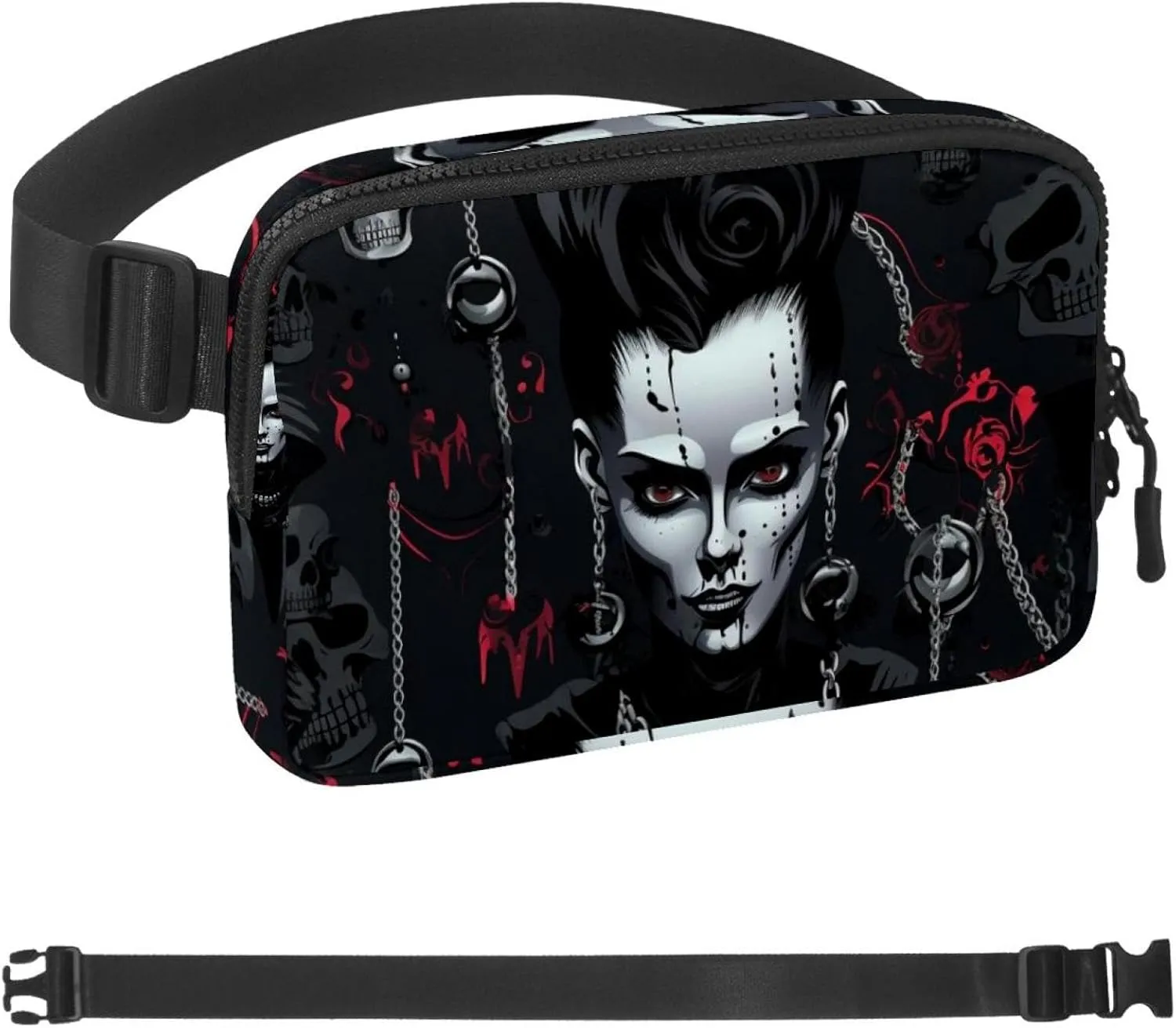 Waterproof Fanny Pack Black Belt Bag with Adjustable Strap for Women and Men,Dark Punk Chain Girl Crossbody Fanny Bag with Zipper for Hiking Running Travel