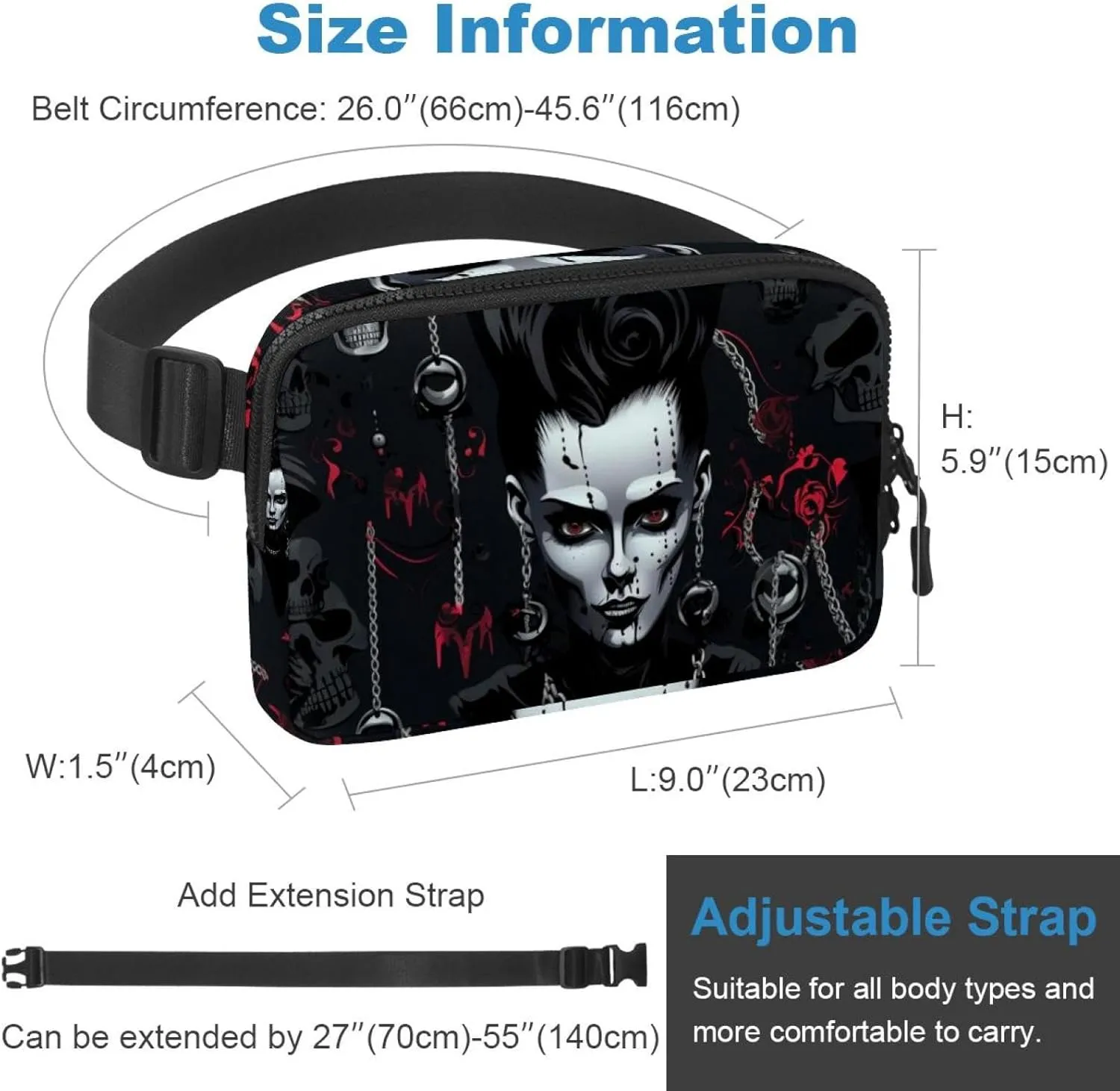 Waterproof Fanny Pack Black Belt Bag with Adjustable Strap for Women and Men,Dark Punk Chain Girl Crossbody Fanny Bag with Zipper for Hiking Running Travel