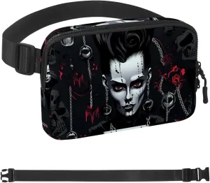 Waterproof Fanny Pack Black Belt Bag with Adjustable Strap for Women and Men,Dark Punk Chain Girl Crossbody Fanny Bag with Zipper for Hiking Running Travel