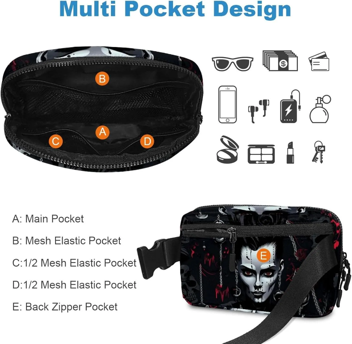 Waterproof Fanny Pack Black Belt Bag with Adjustable Strap for Women and Men,Dark Punk Chain Girl Crossbody Fanny Bag with Zipper for Hiking Running Travel
