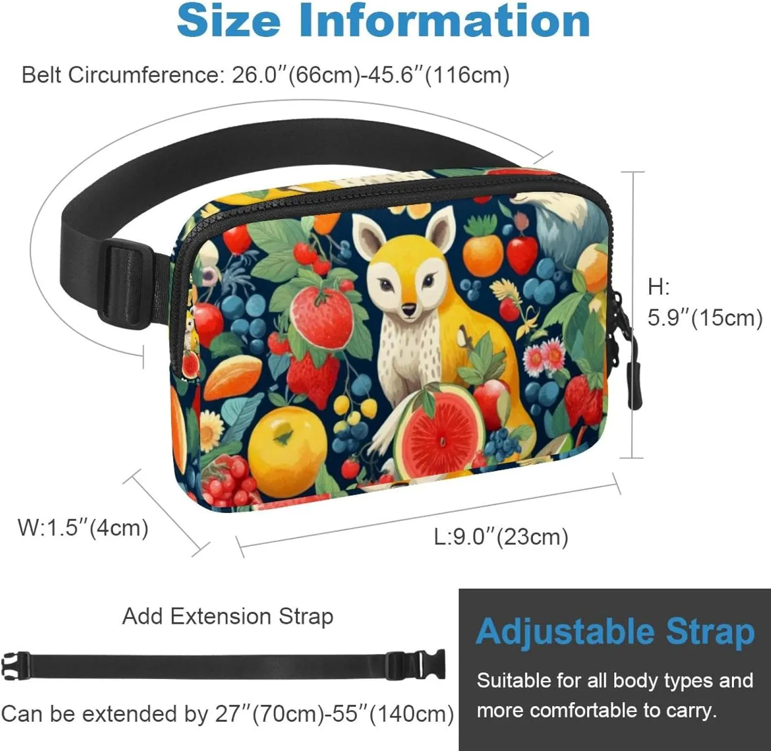 Waterproof Fanny Pack Black Belt Bag with Adjustable Strap for Women and Men,Fruit Kangaroo Pattern Crossbody Fanny Bag with Zipper for Hiking Running Travel