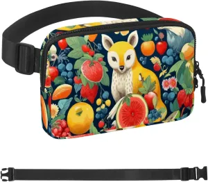 Waterproof Fanny Pack Black Belt Bag with Adjustable Strap for Women and Men,Fruit Kangaroo Pattern Crossbody Fanny Bag with Zipper for Hiking Running Travel