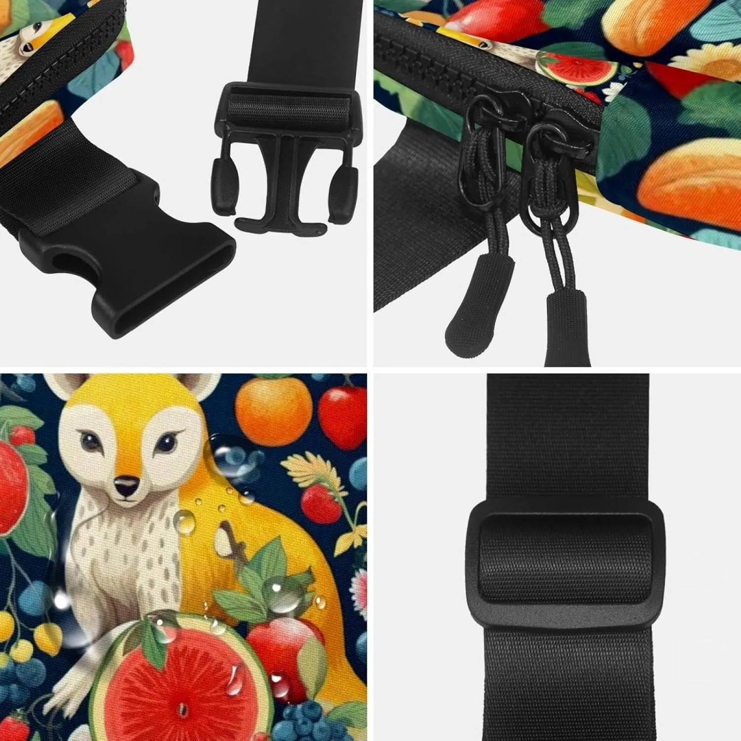 Waterproof Fanny Pack Black Belt Bag with Adjustable Strap for Women and Men,Fruit Kangaroo Pattern Crossbody Fanny Bag with Zipper for Hiking Running Travel