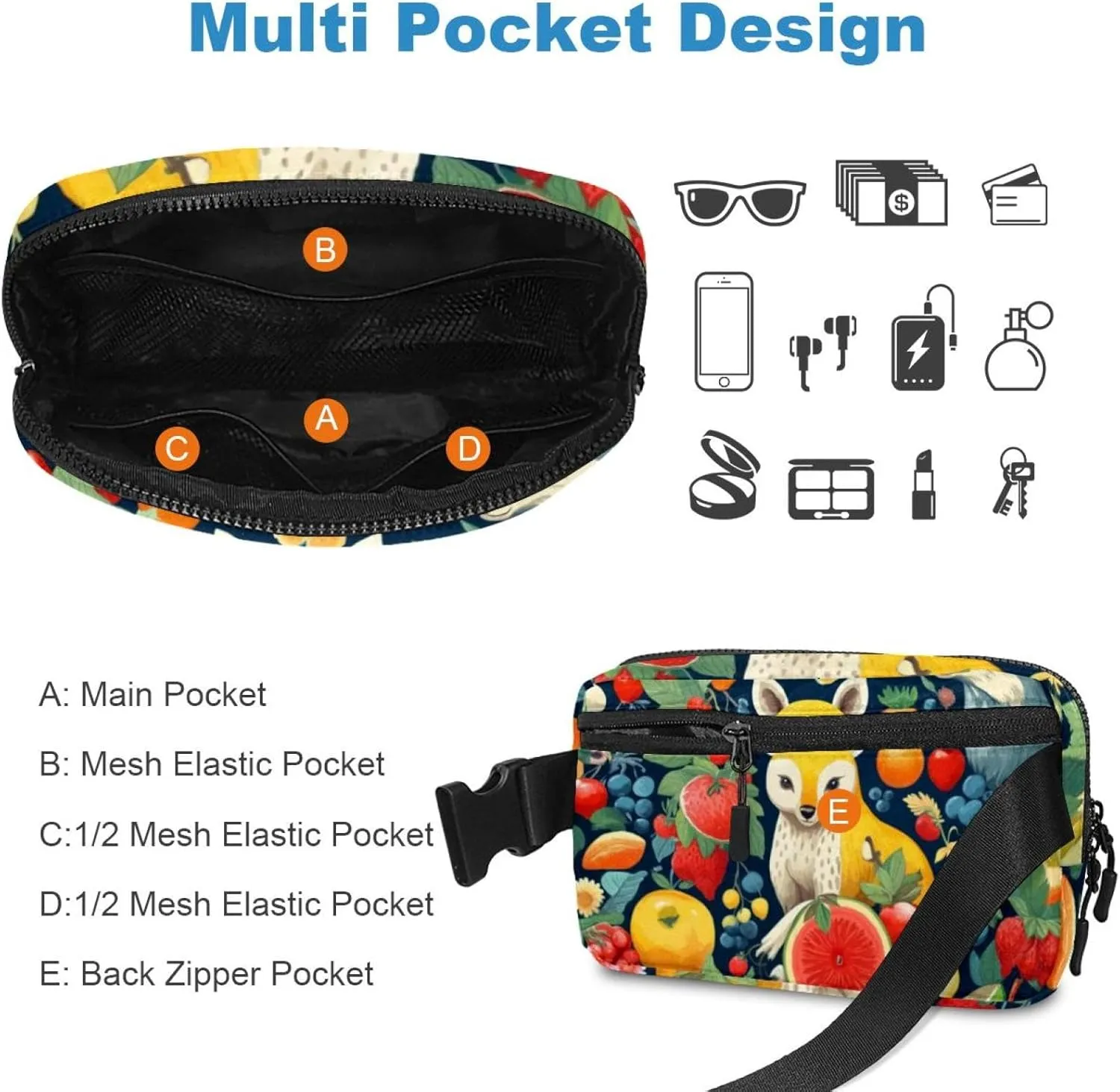 Waterproof Fanny Pack Black Belt Bag with Adjustable Strap for Women and Men,Fruit Kangaroo Pattern Crossbody Fanny Bag with Zipper for Hiking Running Travel