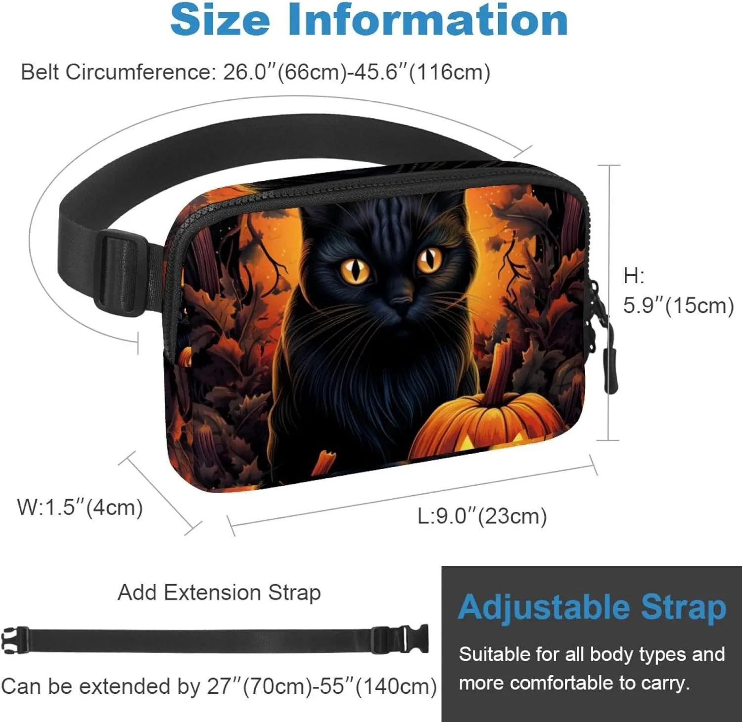 Waterproof Fanny Pack Black Belt Bag with Adjustable Strap for Women and Men,Halloween Cat E Crossbody Fanny Bag with Zipper for Hiking Running Travel