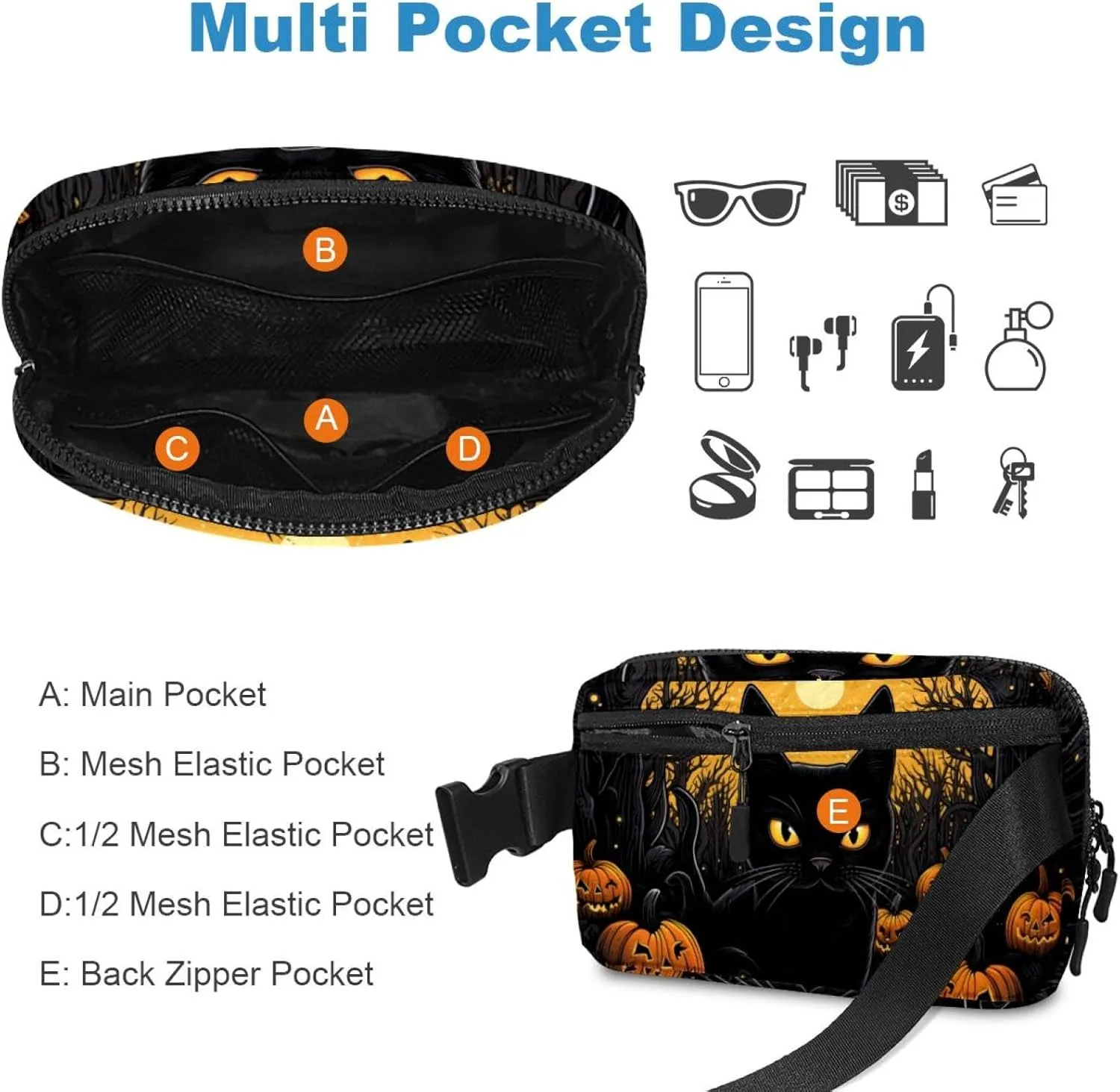 Waterproof Fanny Pack Black Belt Bag with Adjustable Strap for Women and Men,Halloween Cat M Crossbody Fanny Bag with Zipper for Hiking Running Travel