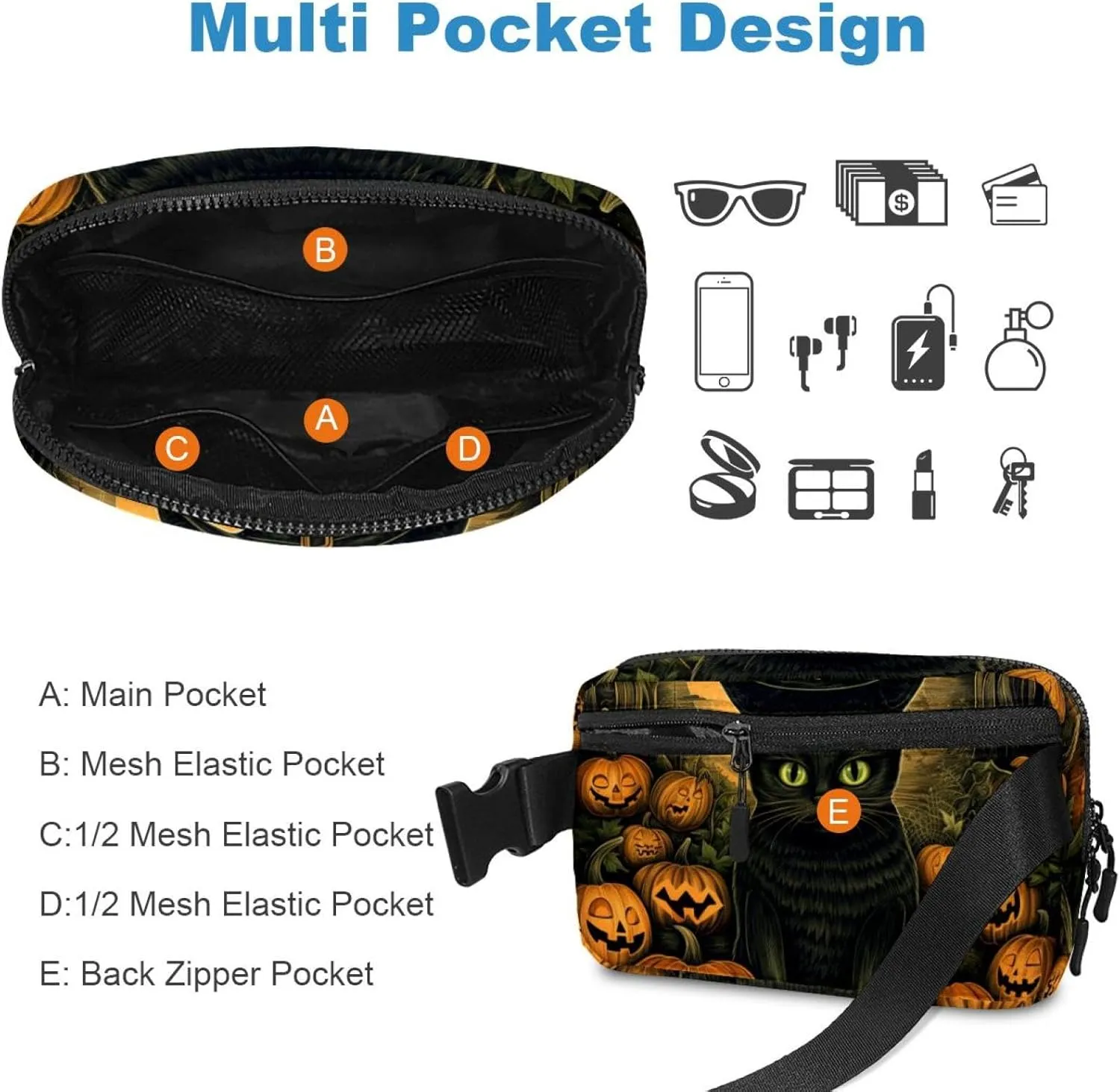 Waterproof Fanny Pack Black Belt Bag with Adjustable Strap for Women and Men,Halloween Cat S Crossbody Fanny Bag with Zipper for Hiking Running Travel