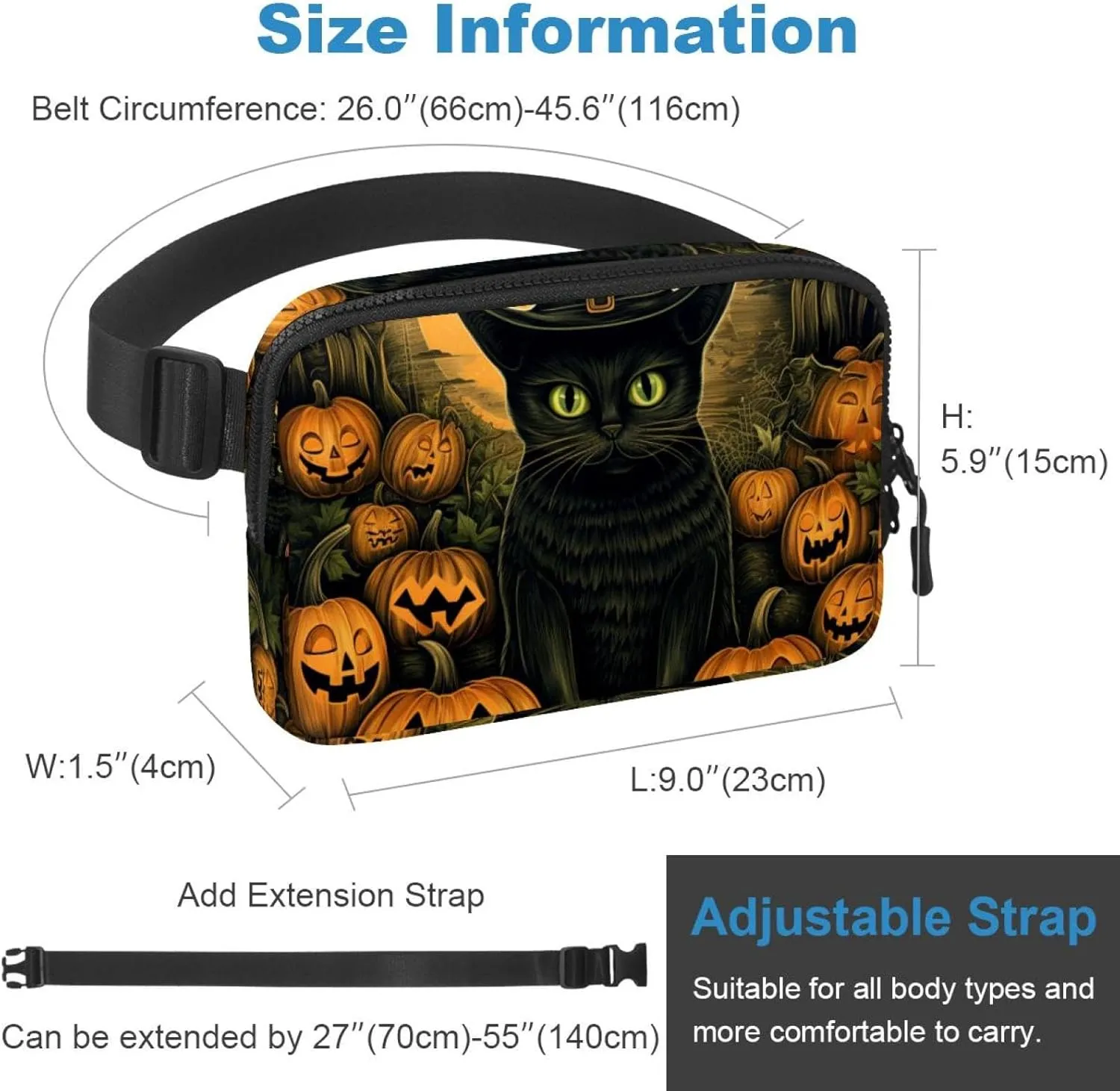 Waterproof Fanny Pack Black Belt Bag with Adjustable Strap for Women and Men,Halloween Cat S Crossbody Fanny Bag with Zipper for Hiking Running Travel